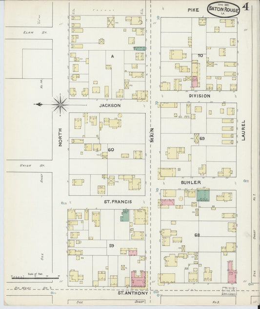 Sanborn Fire Insurance Map from Baton Rouge, East Baton Rouge Parish, Louisiana (1891), Sheet #0004 - Historic Sanborn Fire Insurance Map Print, vintage old map wall art, antique decor, genealogy gift, Louisiana Louisiana map