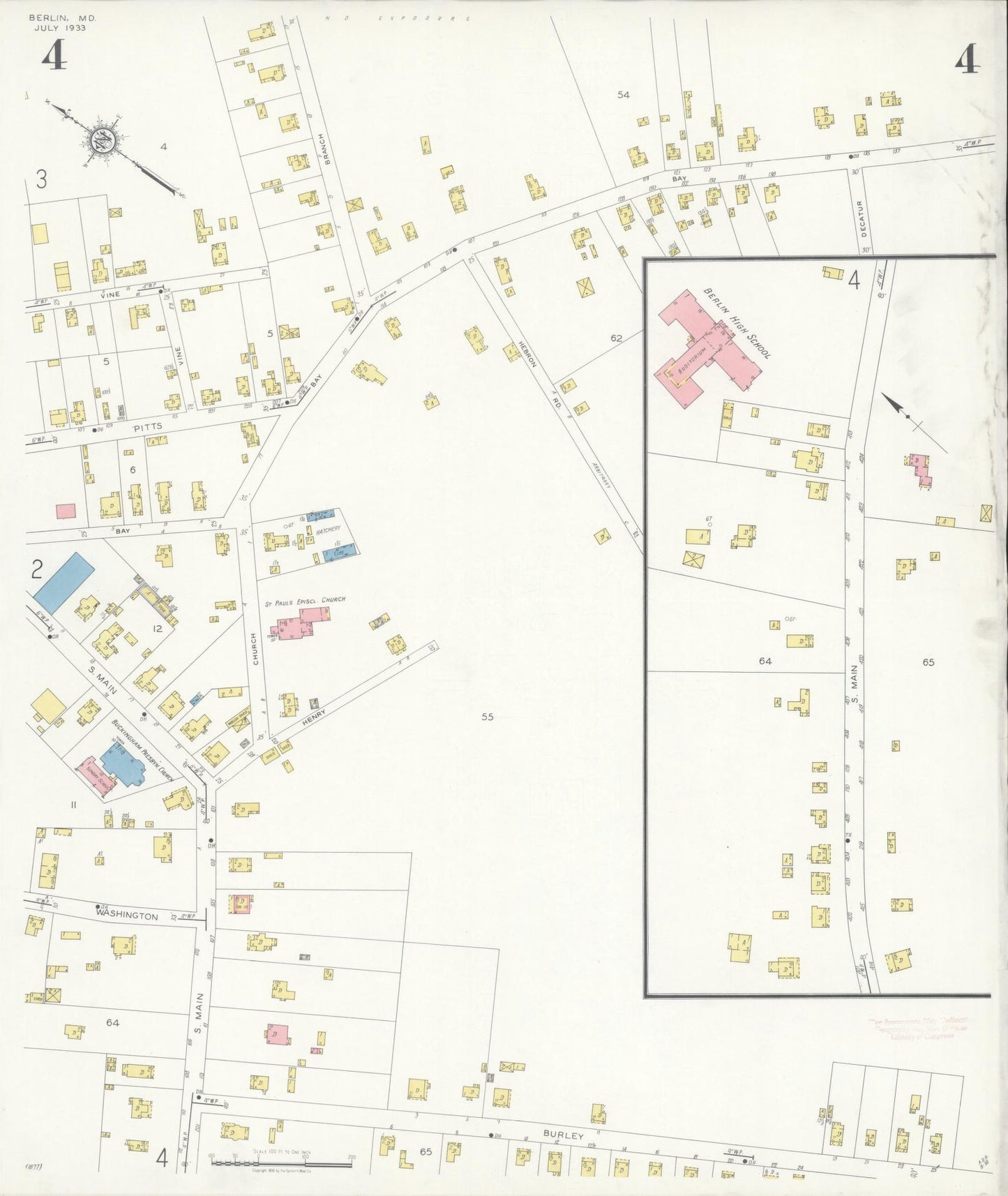 Worcester, Maryland - 1933 - Sanborn Fire Insurance Map, Sheet #0004 - Historic Sanborn Fire Insurance Map Print, Worcester Maryland 1933 0004 vintage old map wall art