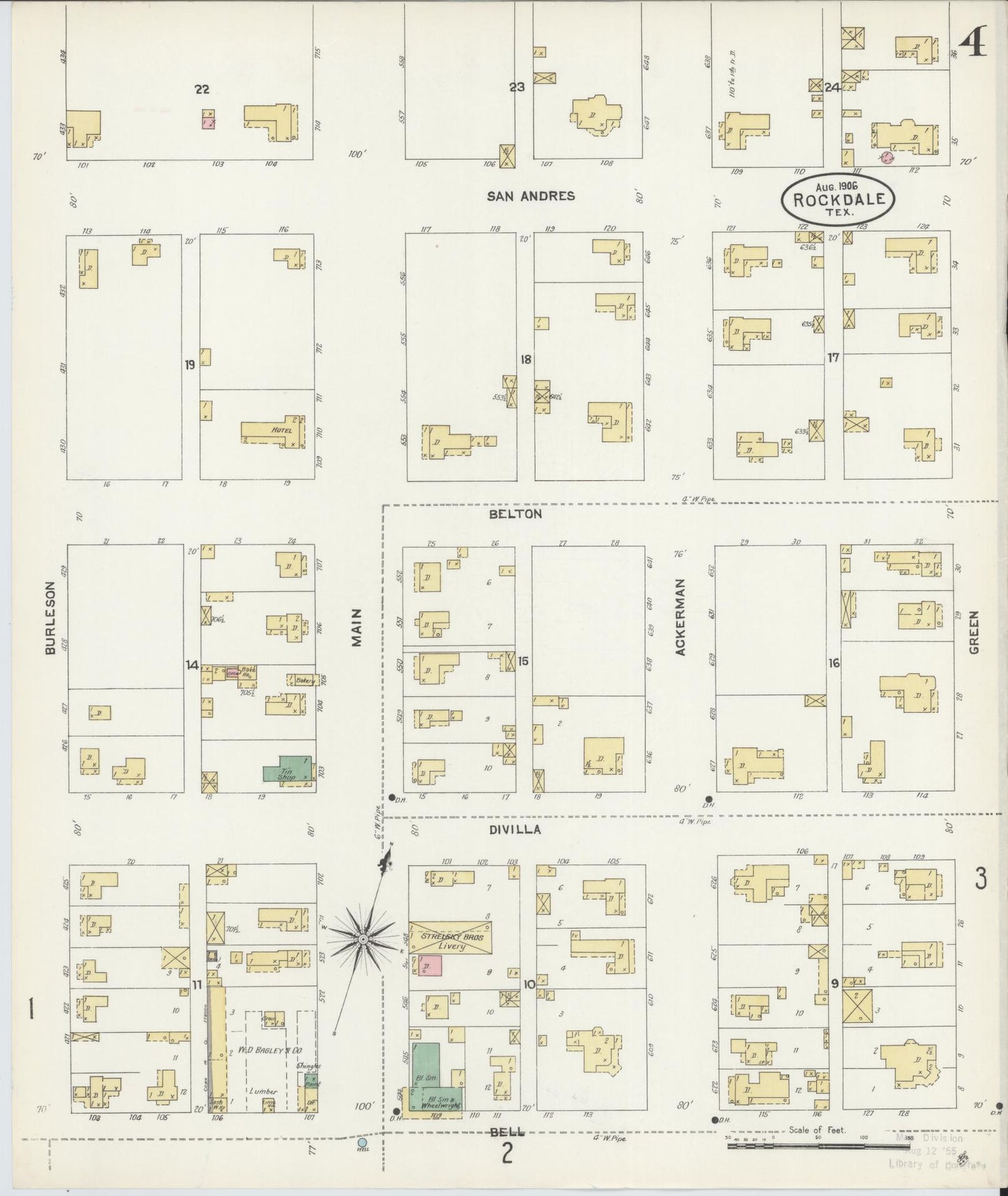 Sanborn Fire Insurance Map from Rockdale, Milam County, Texas (1906), Sheet #0004 - Complete Map Set gallery image, historic Sanborn map, vintage wall art, Texas Texas