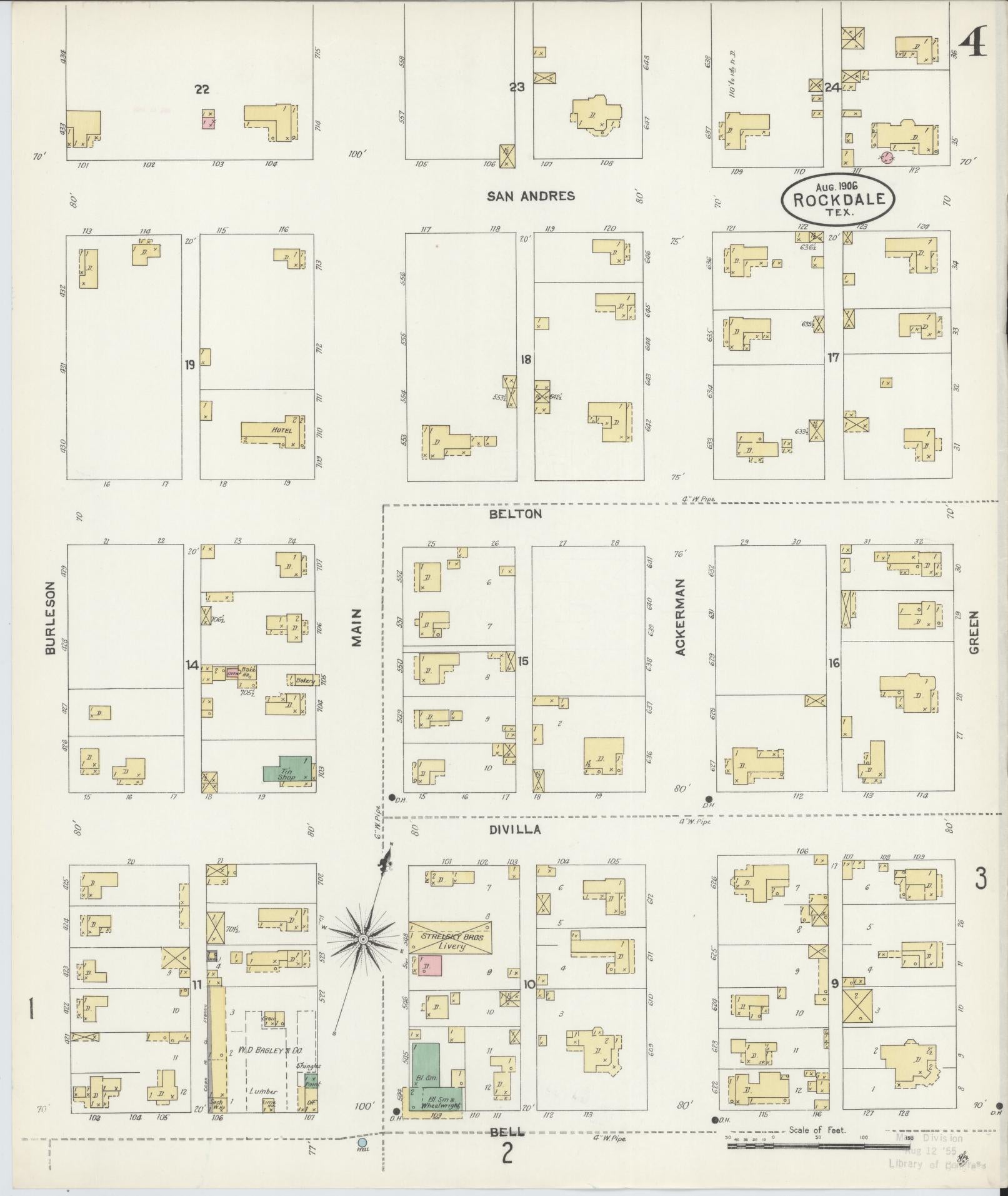 Sanborn Fire Insurance Map from Rockdale, Milam County, Texas (1906), Sheet #0004 - Complete Map Set gallery image, historic Sanborn map, vintage wall art, Texas Texas