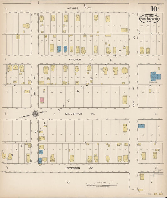 Sanborn Fire Insurance Map from Point Pleasant, Mason County, West Virginia (1922), Sheet #0010 - Historic Sanborn Fire Insurance Map Print, vintage old map wall art, antique decor, genealogy gift, West Virginia West Virginia map