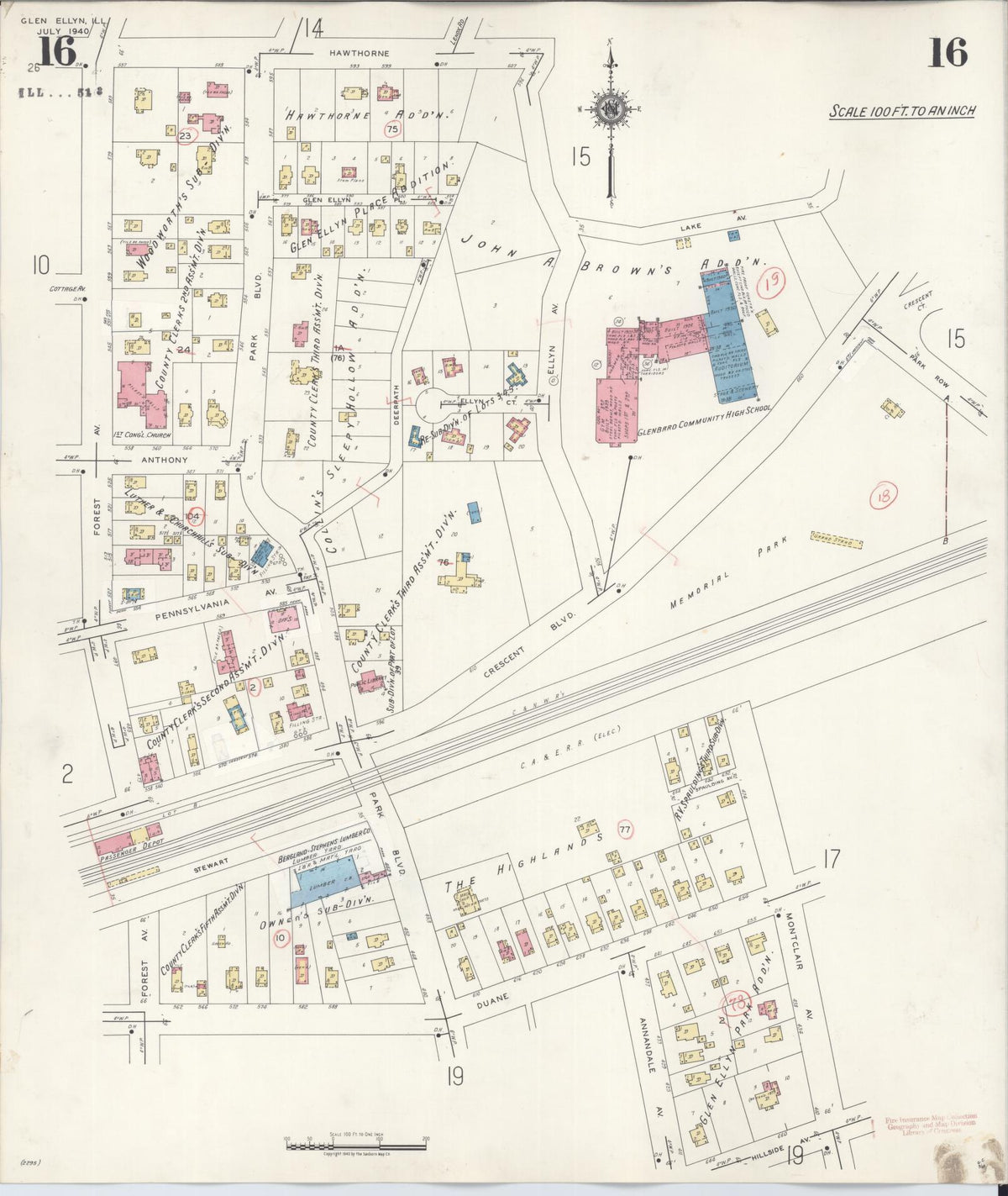 Sanborn Fire Insurance Map from Glen Ellyn, Du Page County, Illinois (1946), Sheet #0016 - Complete Map Set gallery image, historic Sanborn map, vintage wall art, Illinois Illinois