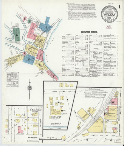 Sanborn Fire Insurance Map from Aurora, Dearborn County, Indiana (1911), Sheet #0001 - Historic Sanborn Fire Insurance Map Print, vintage old map wall art, antique decor, genealogy gift, Indiana Indiana map