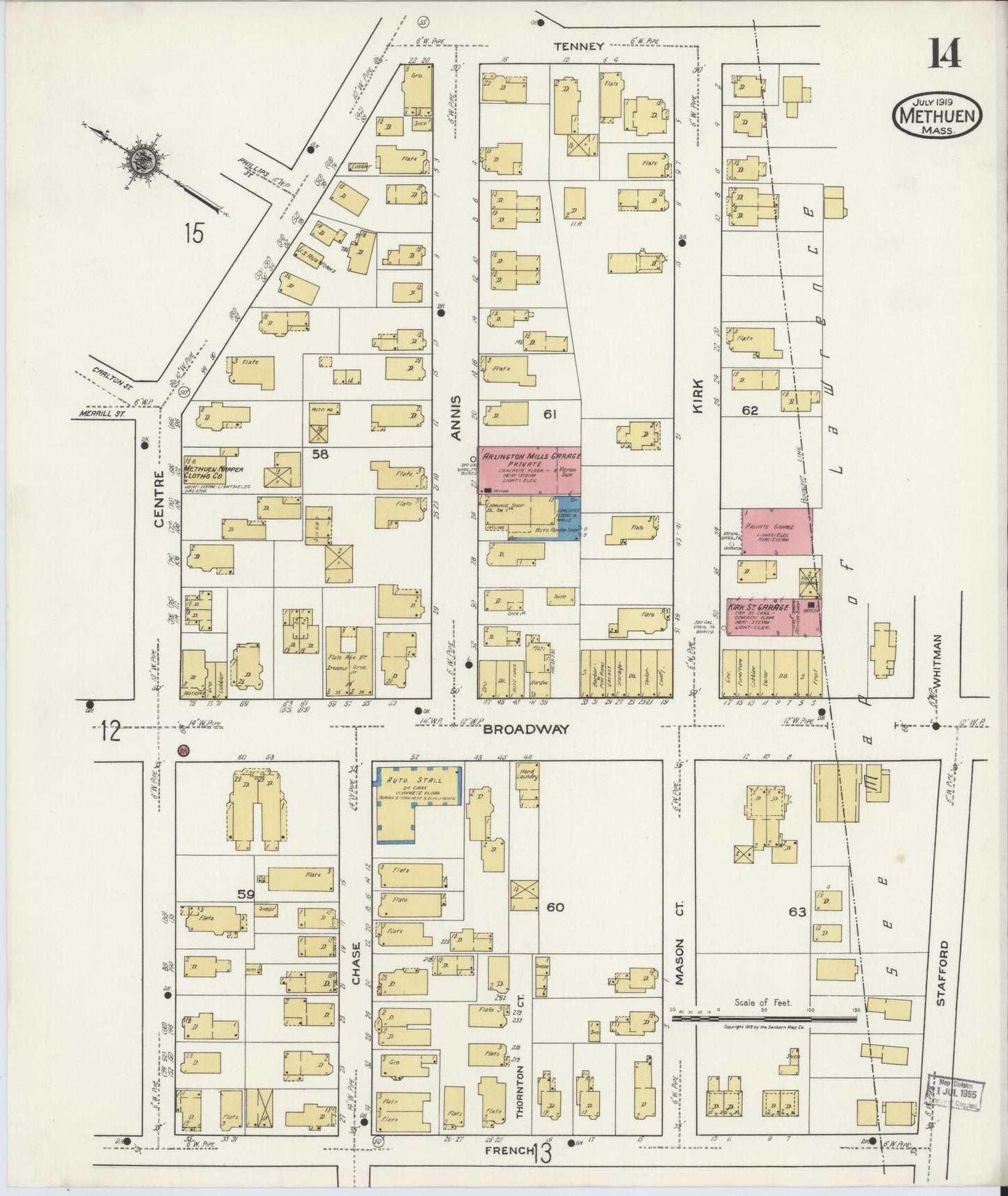 Sanborn Fire Insurance Map from Methuen, Essex County, Massachusetts (1919), Sheet #0014 - Historic Sanborn Fire Insurance Map Print, vintage old map wall art, antique decor, genealogy gift, Massachusetts Massachusetts map