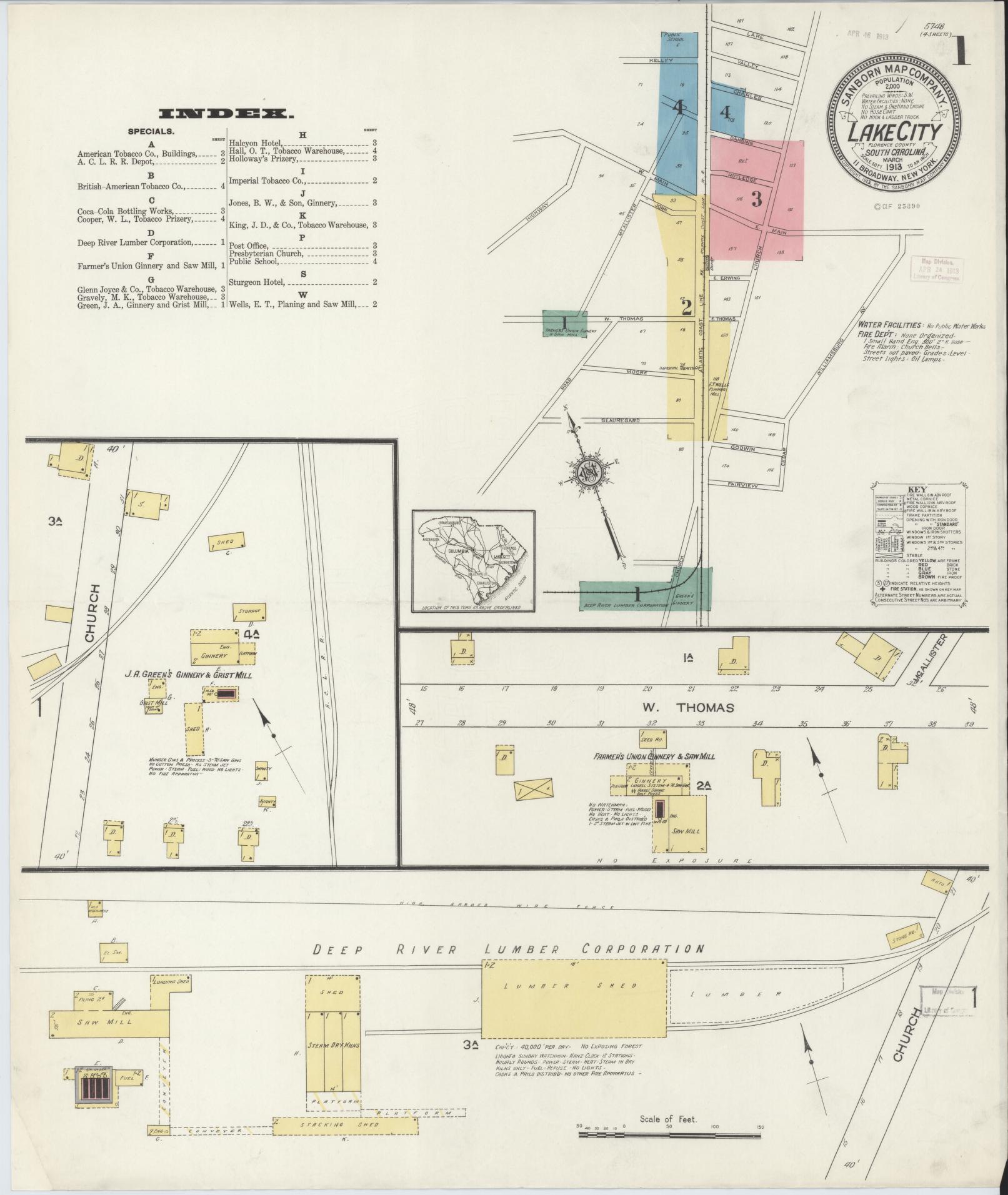 Sanborn Fire Insurance Map from Lake City, Florence County, South Carolina (1913), Sheet #0001 - Historic Sanborn Fire Insurance Map Print, vintage old map wall art, antique decor, genealogy gift, South Carolina South Carolina map