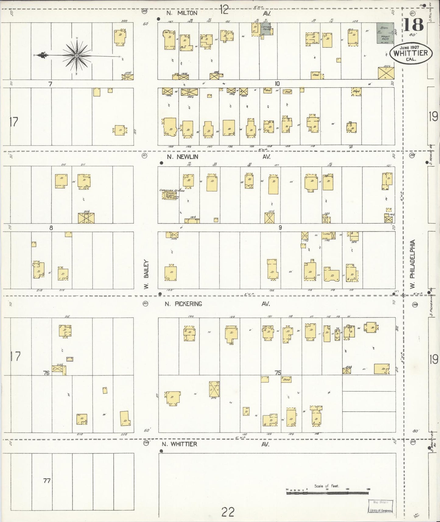 Sanborn Fire Insurance Map from Whittier, Los Angeles County, California (1907), Sheet #0018 - Complete Map Set gallery image, historic Sanborn map, vintage wall art, California California