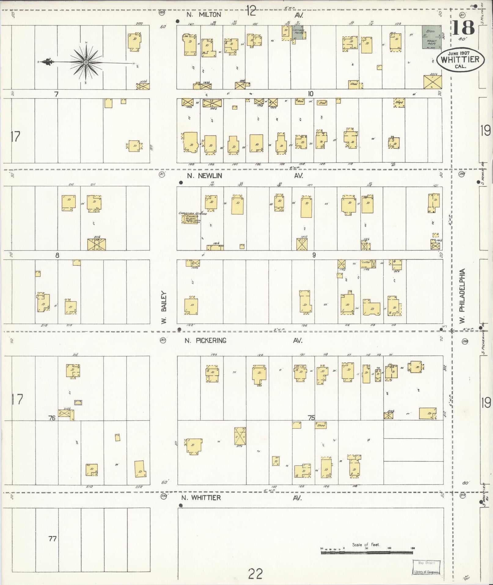Sanborn Fire Insurance Map from Whittier, Los Angeles County, California (1907), Sheet #0018 - Complete Map Set gallery image, historic Sanborn map, vintage wall art, California California