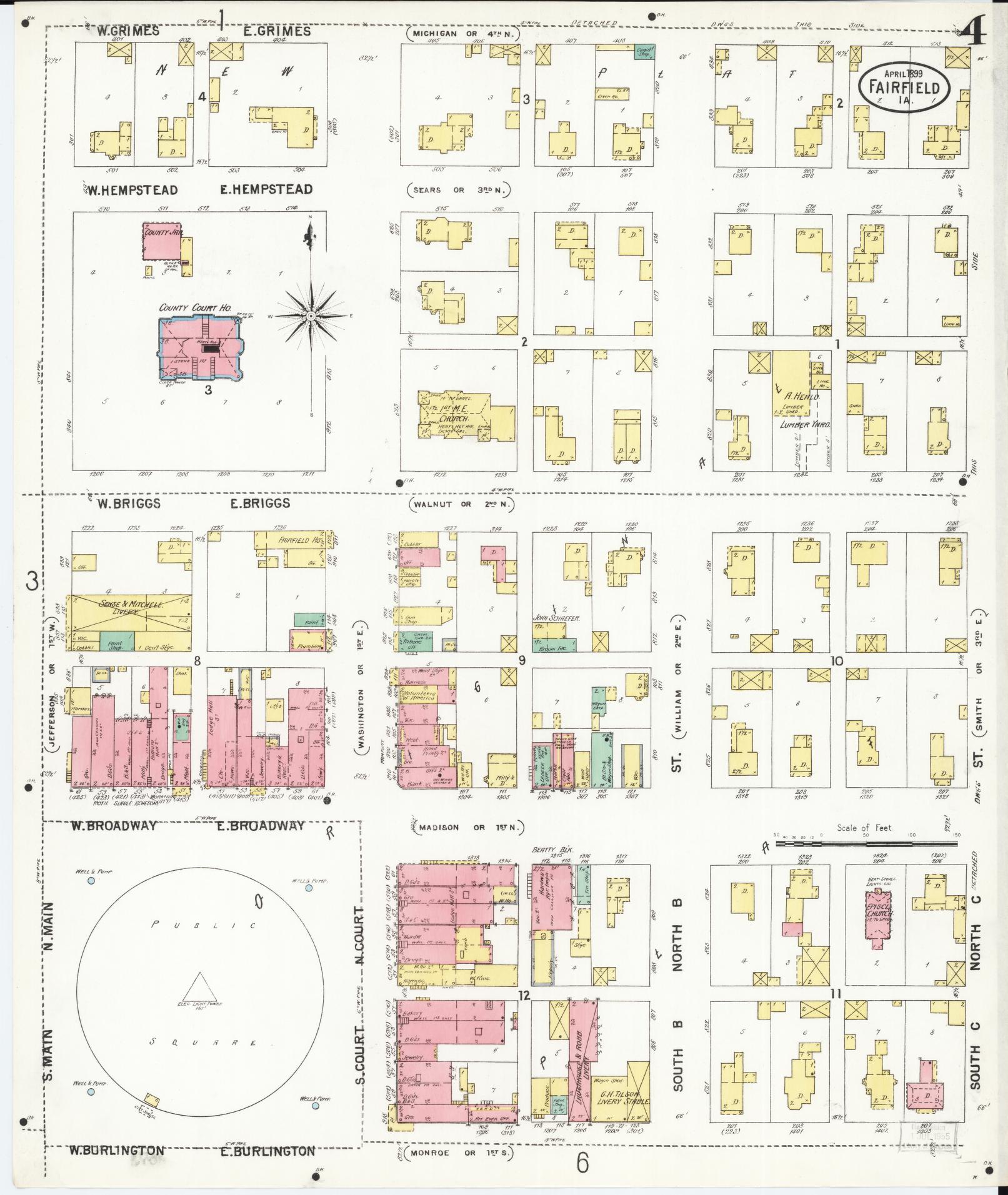 Sanborn Fire Insurance Map from Fairfield, Jefferson County, Iowa (1899), Sheet #0004 - Historic Sanborn Fire Insurance Map Print, vintage old map wall art