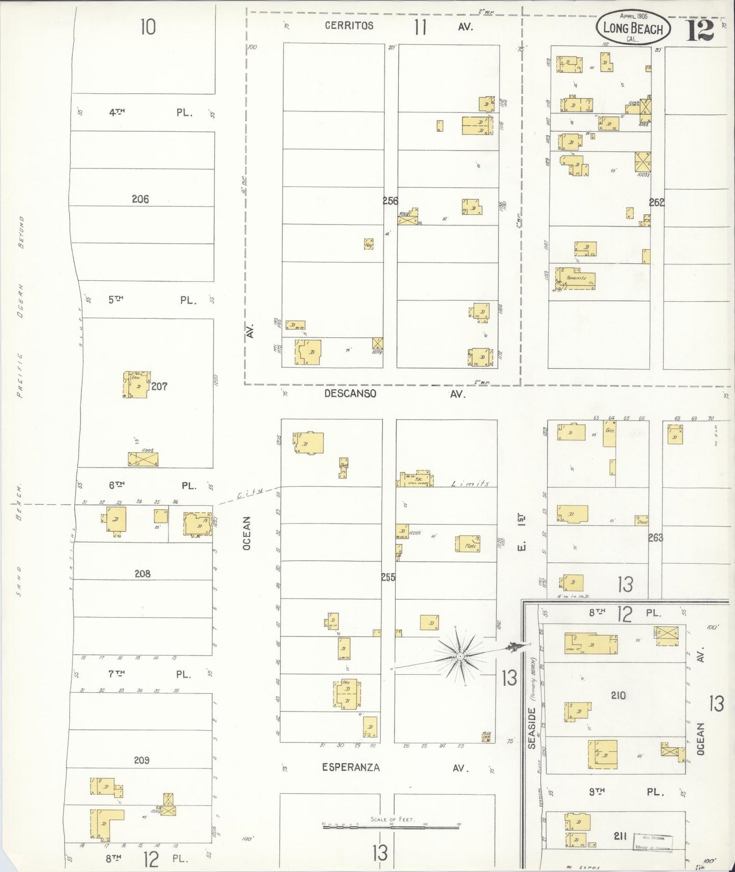 Sanborn Fire Insurance Map from Long Beach, Los Angeles County, California (1905), Sheet #0012 - Historic Sanborn Fire Insurance Map Print, vintage old map wall art, antique decor, genealogy gift, California California map