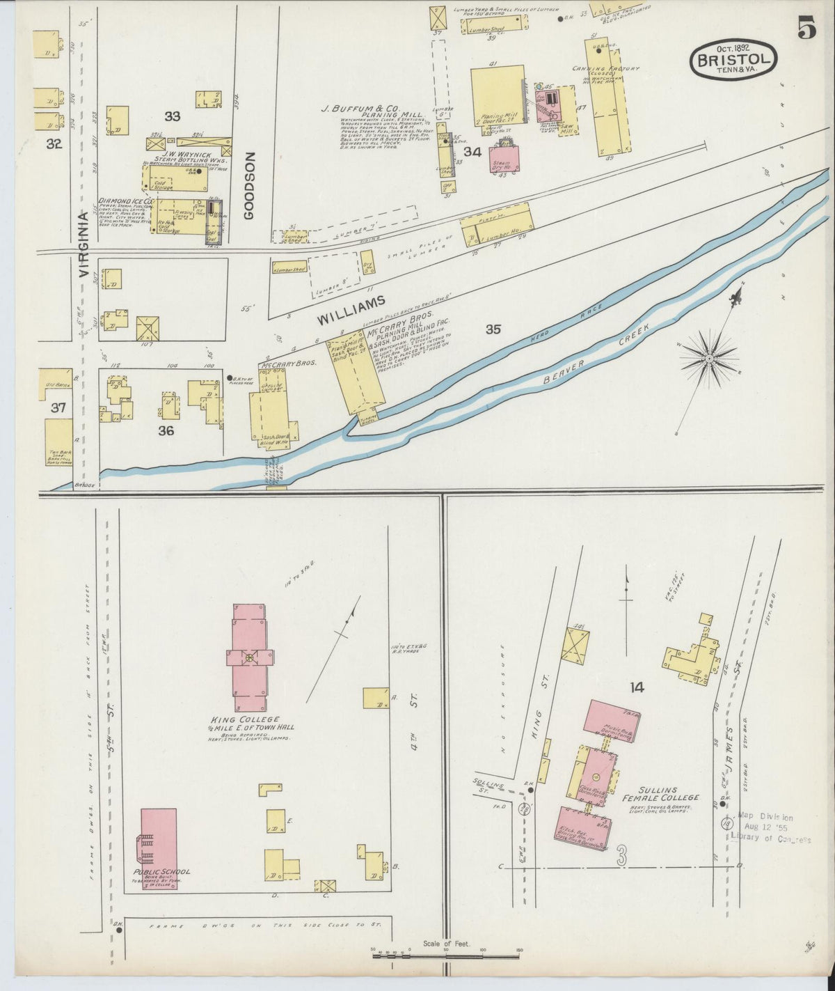 Sanborn Fire Insurance Map from Bristol, Sullivan County, Tennessee (1892), Sheet #0005 - Historic Sanborn Fire Insurance Map Print, vintage old map wall art, antique decor, genealogy gift, Tennessee Tennessee map