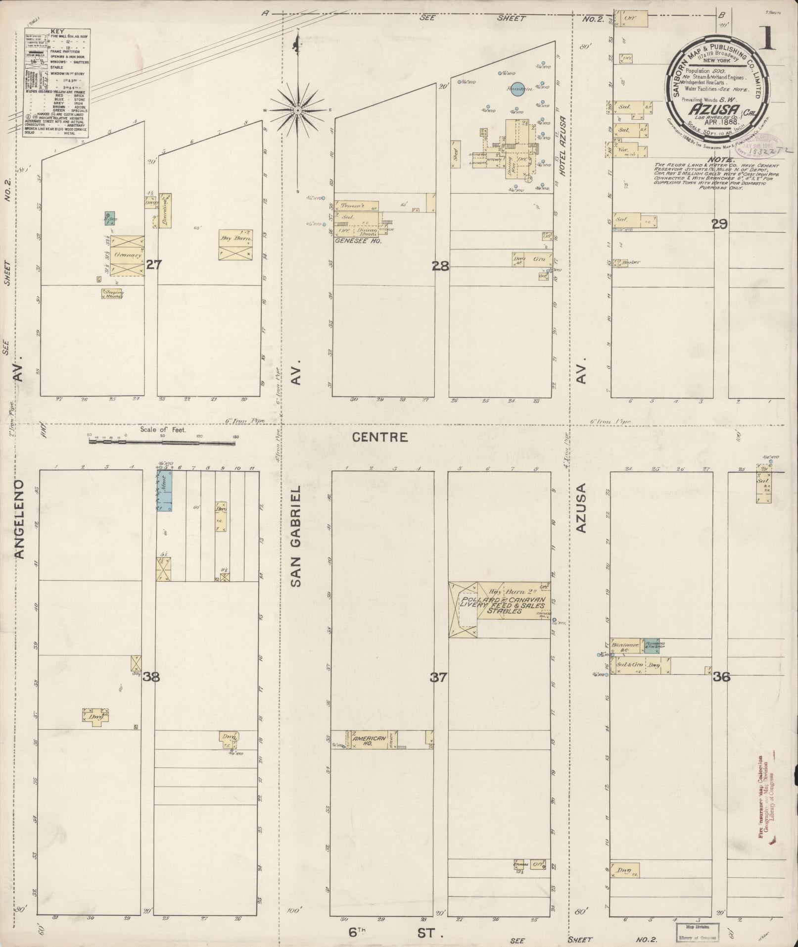 Sanborn Fire Insurance Map from Azusa, Los Angeles County, California (1888), Sheet #0001 - Historic Sanborn Fire Insurance Map Print, vintage old map wall art, antique decor, genealogy gift, California California map