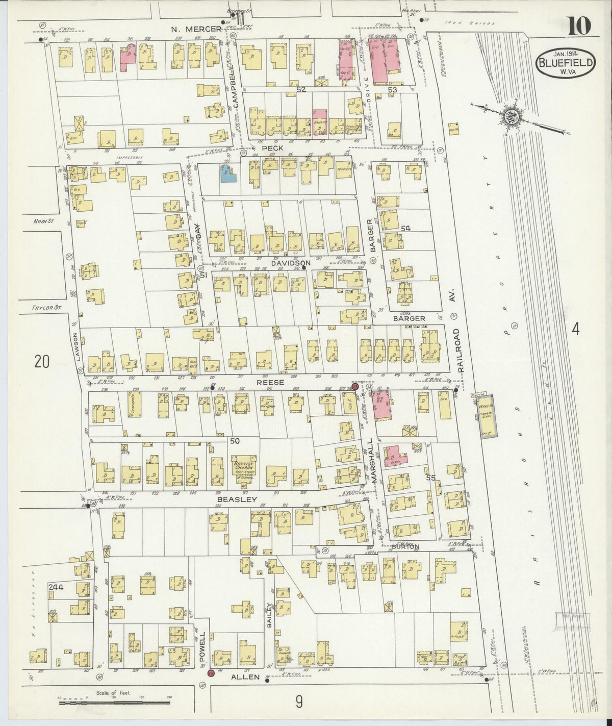 Sanborn Fire Insurance Map from Bluefield, Mercer County, West Virginia (1914), Sheet #0010 - Historic Sanborn Fire Insurance Map Print, vintage old map wall art, antique decor, genealogy gift, West Virginia West Virginia map