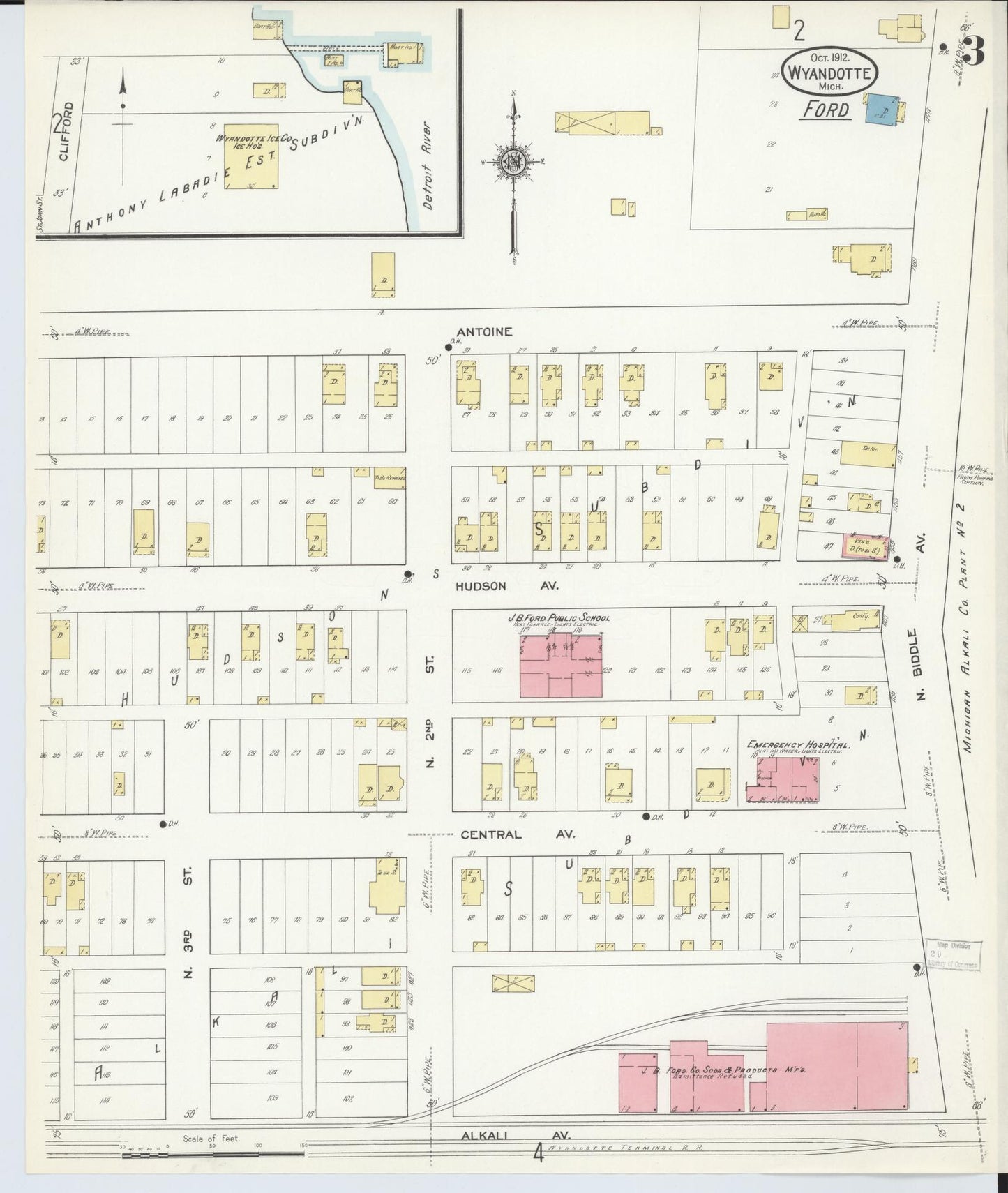 Sanborn Fire Insurance Map from Wyandotte, Wayne County, Michigan (1912), Sheet #0003 - Historic Sanborn Fire Insurance Map Print, vintage old map wall art, antique decor, genealogy gift, Michigan Michigan map