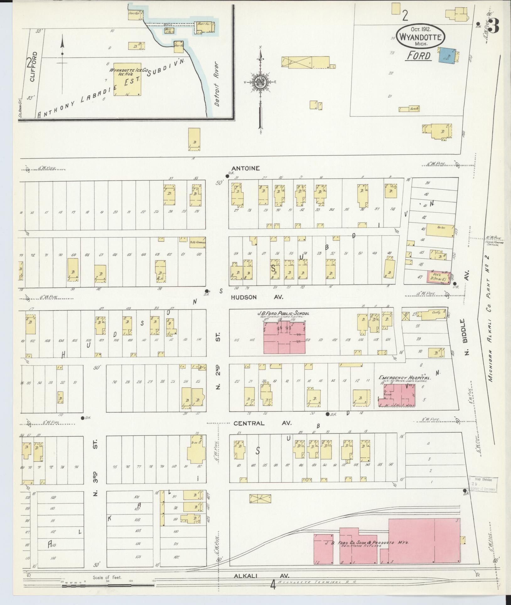 Sanborn Fire Insurance Map from Wyandotte, Wayne County, Michigan (1912), Sheet #0003 - Historic Sanborn Fire Insurance Map Print, vintage old map wall art, antique decor, genealogy gift, Michigan Michigan map