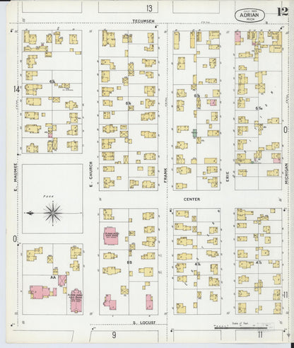 Sanborn Fire Insurance Map from Adrian, Lenawee County, Michigan (1899), Sheet #0012 - Complete Map Set gallery image, historic Sanborn map, vintage wall art, Michigan Michigan