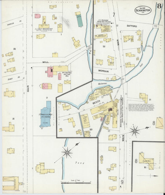 Sanborn Fire Insurance Map from Bennington, Bennington County, Vermont (1901), Sheet #0008 - Historic Sanborn Fire Insurance Map Print, vintage old map wall art, antique decor, genealogy gift, Vermont Vermont map