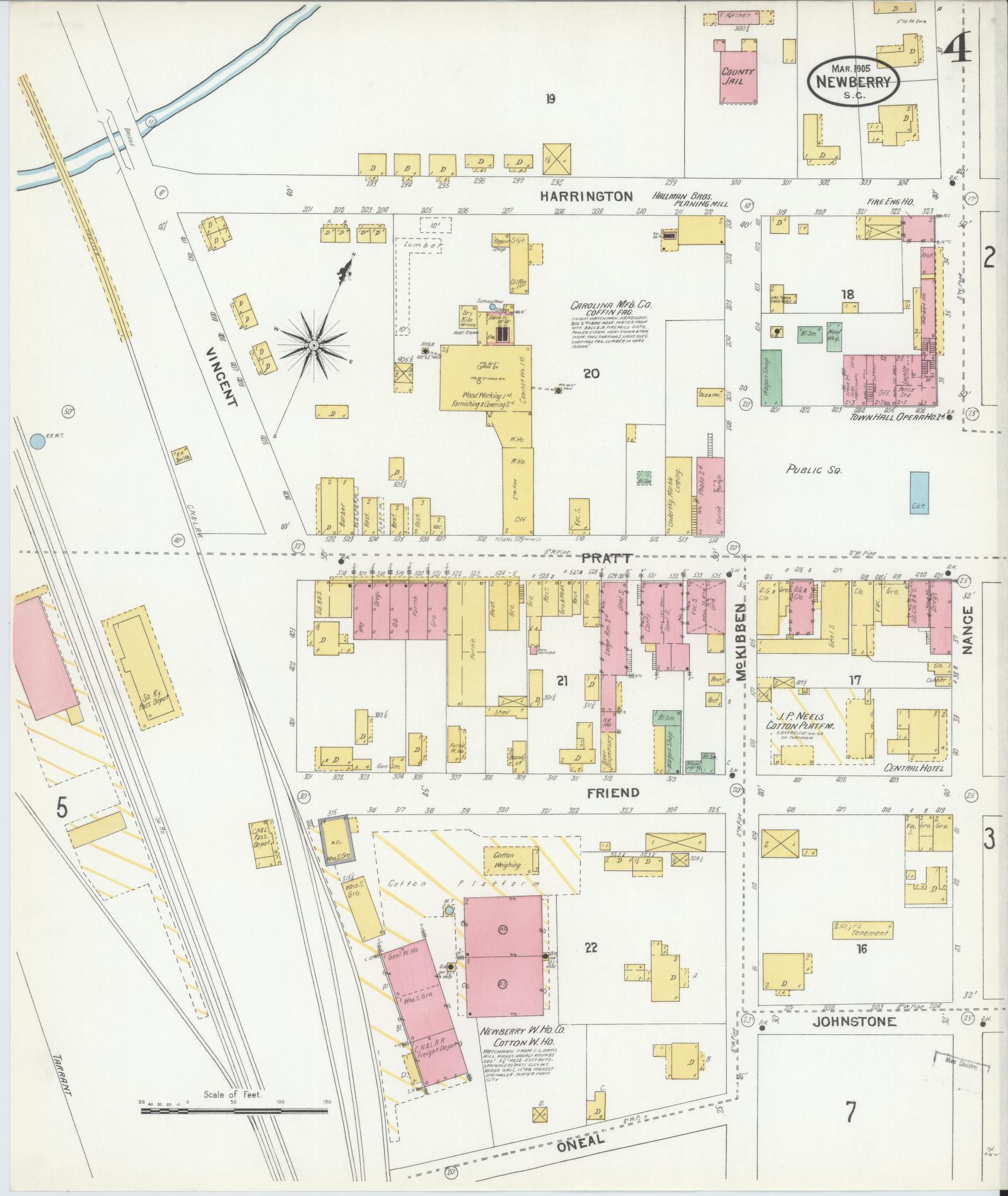 Sanborn Fire Insurance Map from Newberry, Newberry County, South Carolina (1905), Sheet #0004 - Complete Map Set gallery image, historic Sanborn map, vintage wall art, South Carolina South Carolina