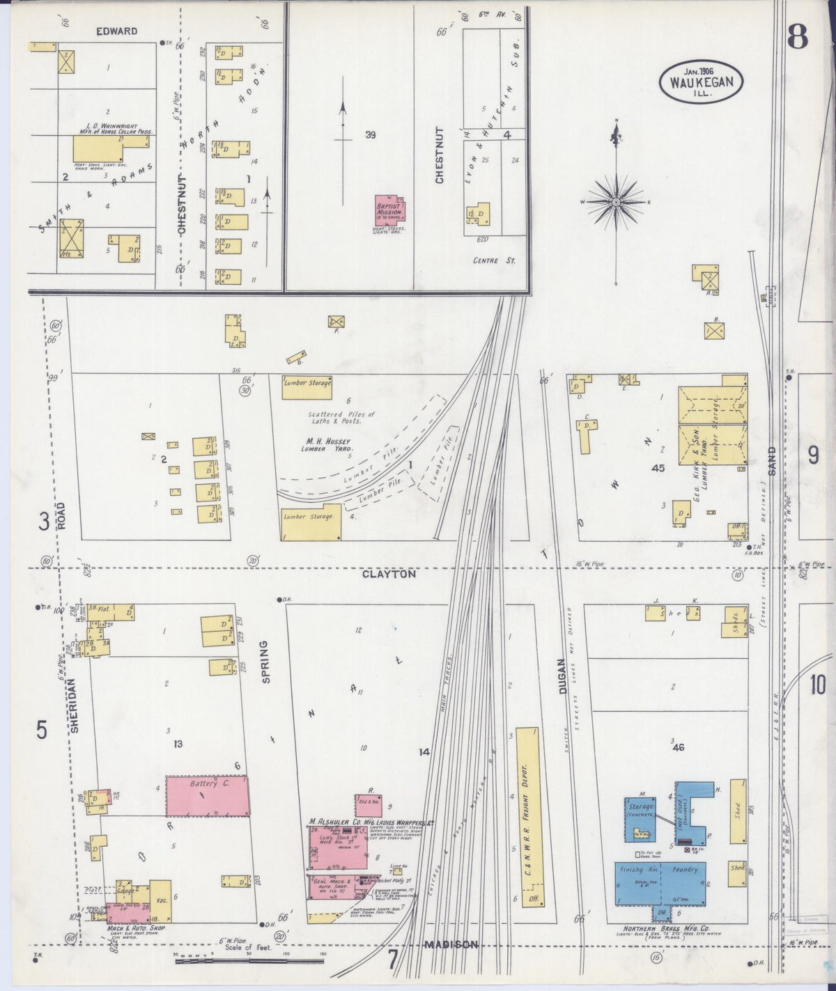 Sanborn Fire Insurance Map from Waukegan, Lake County, Illinois (1906), Sheet #0008 - Historic Sanborn Fire Insurance Map Print, vintage old map wall art, antique decor, genealogy gift, Illinois Illinois map