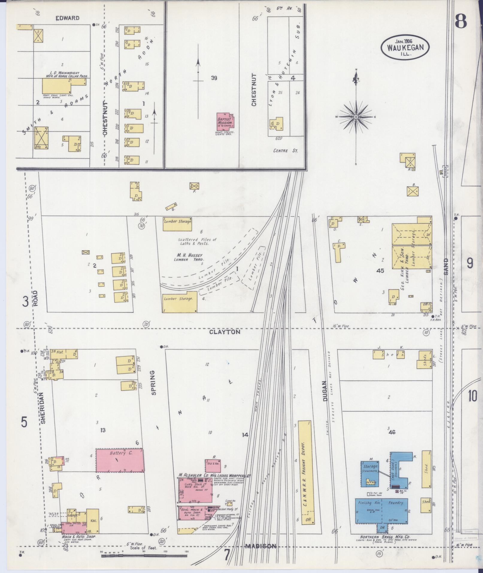 Sanborn Fire Insurance Map from Waukegan, Lake County, Illinois (1906), Sheet #0008 - Historic Sanborn Fire Insurance Map Print, vintage old map wall art, antique decor, genealogy gift, Illinois Illinois map