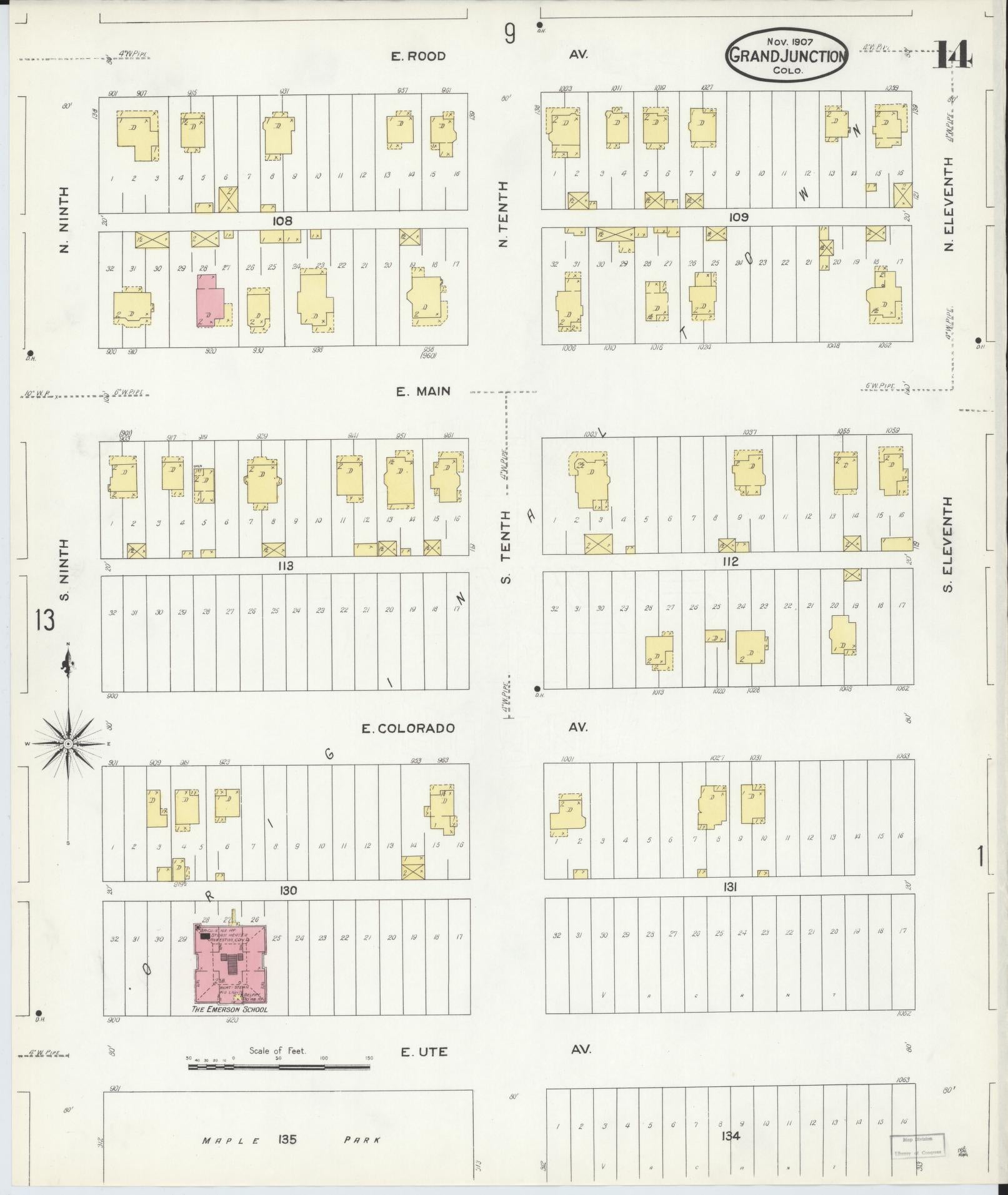 Sanborn Fire Insurance Map from Grand Junction, Mesa County, Colorado (1907), Sheet #0014 - Historic Sanborn Fire Insurance Map Print, vintage old map wall art, antique decor, genealogy gift, Colorado Colorado map