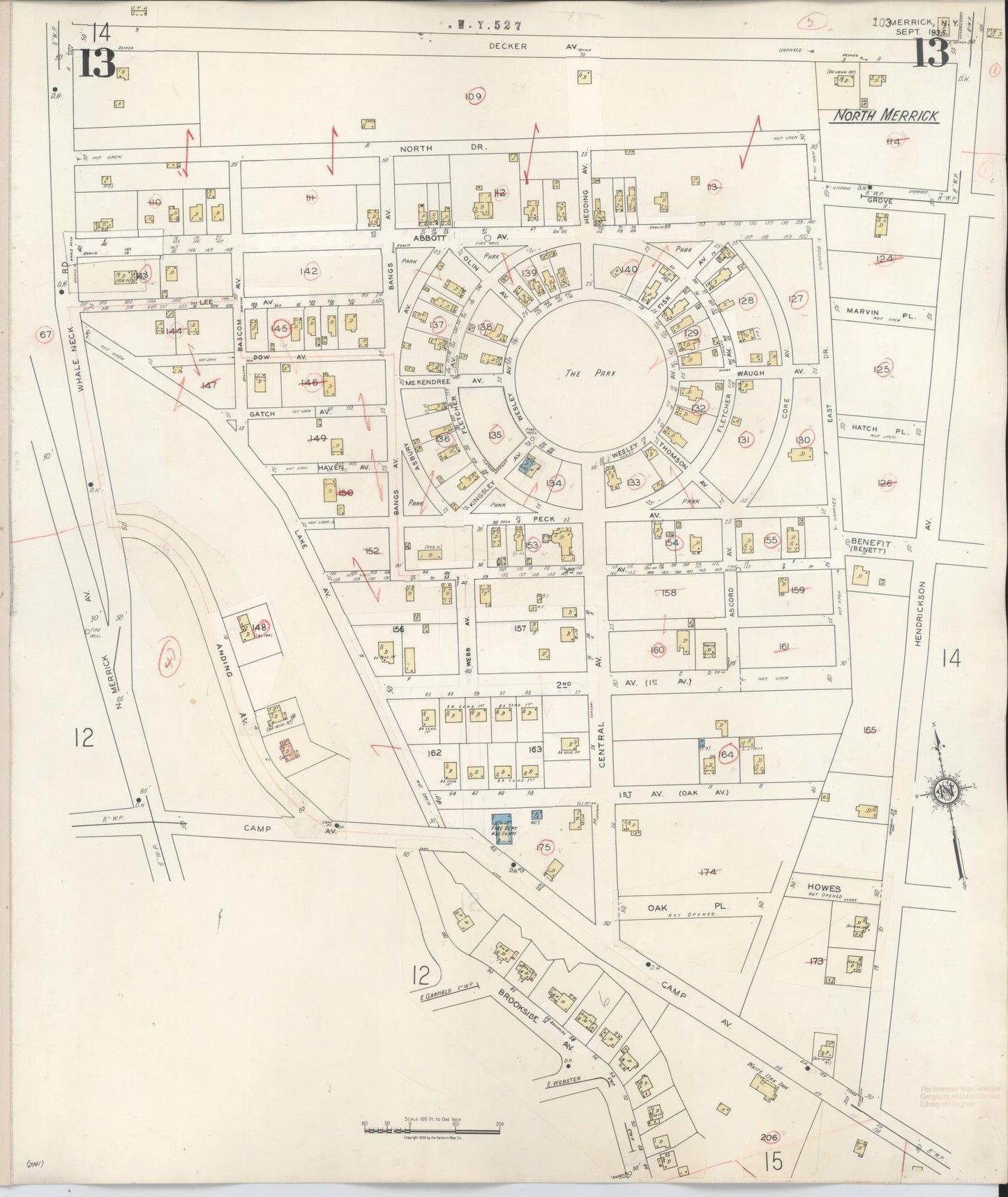 Sanborn Fire Insurance Map from Merrick, Nassau County, New York (1947), Sheet #0013 - Historic Sanborn Fire Insurance Map Print, vintage old map wall art, antique decor, genealogy gift, New York New York map