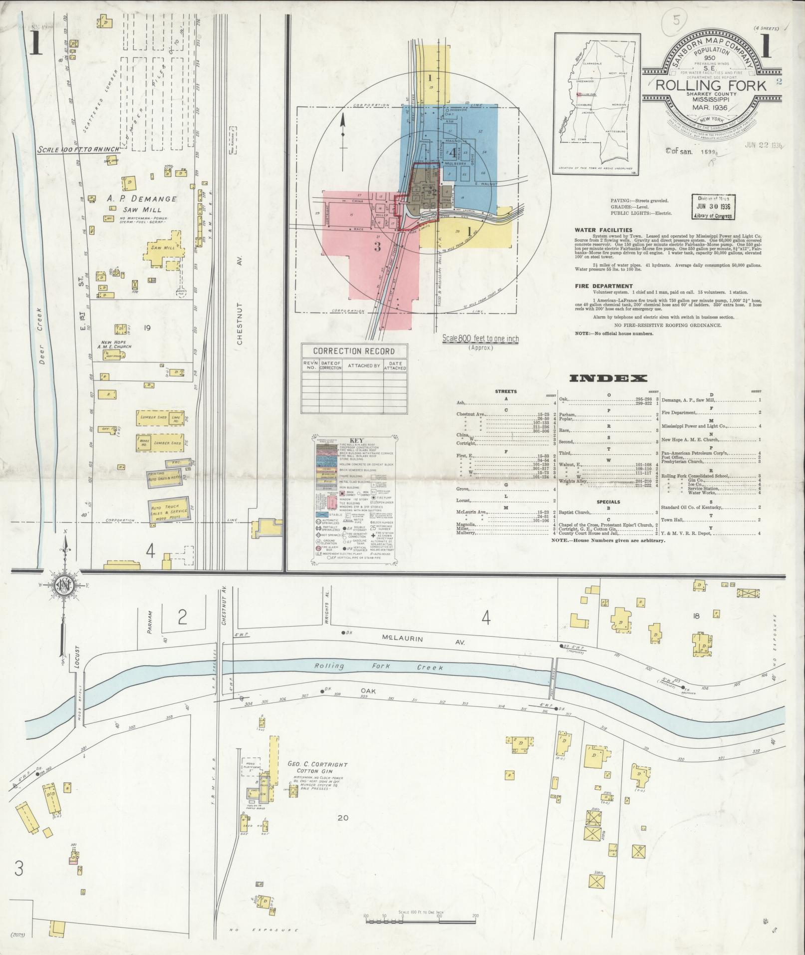 Sanborn Fire Insurance Map from Rolling Fork, Sharkey County, Mississippi (1936), Sheet #0001 - Complete Map Set gallery image, historic Sanborn map, vintage wall art, Mississippi Mississippi