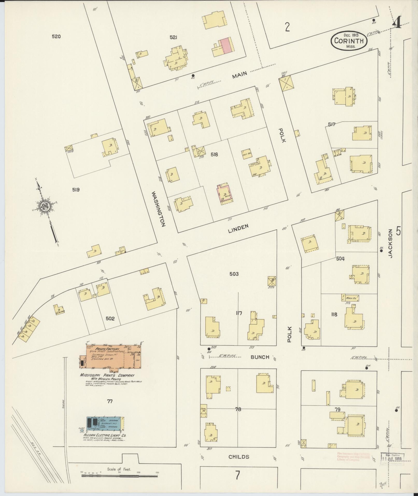 Sanborn Fire Insurance Map from Corinth, Alcorn County, Mississippi (1913), Sheet #0004 - Complete Map Set gallery image, historic Sanborn map, vintage wall art, Mississippi Mississippi