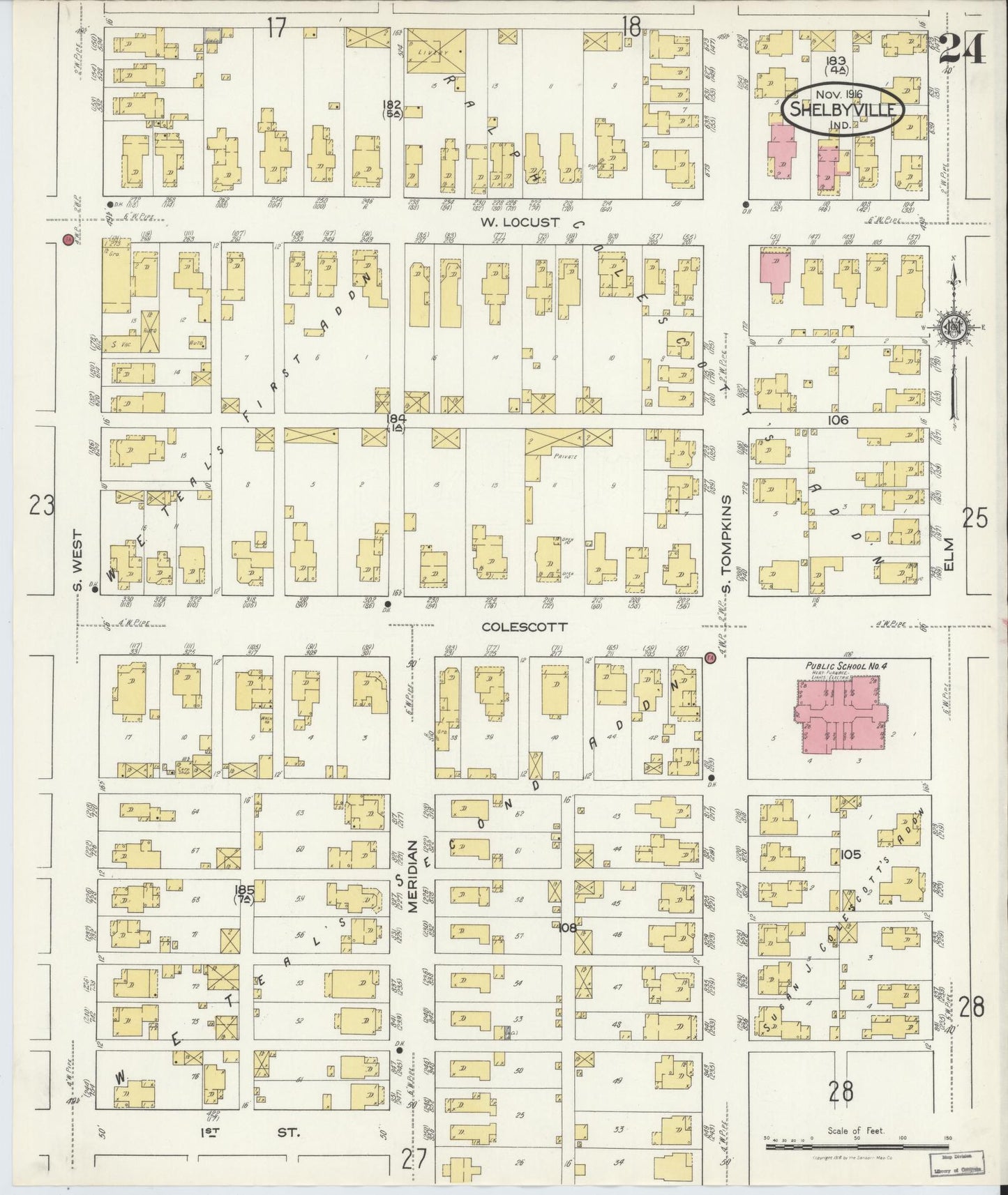 Sanborn Fire Insurance Map from Shelbyville, Shelby County, Indiana (1916), Sheet #0024 - Historic Sanborn Fire Insurance Map Print, vintage old map wall art, antique decor, genealogy gift, Indiana Indiana map