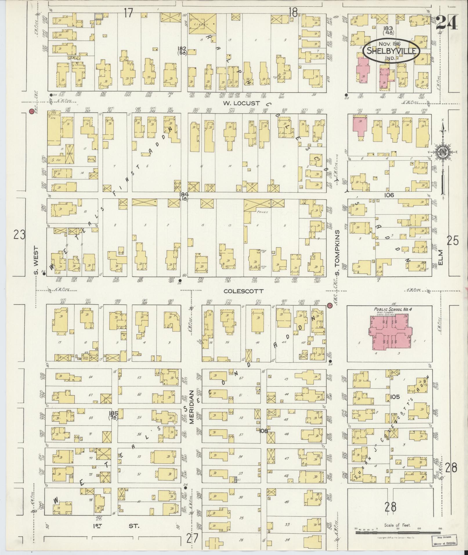 Sanborn Fire Insurance Map from Shelbyville, Shelby County, Indiana (1916), Sheet #0024 - Historic Sanborn Fire Insurance Map Print, vintage old map wall art, antique decor, genealogy gift, Indiana Indiana map