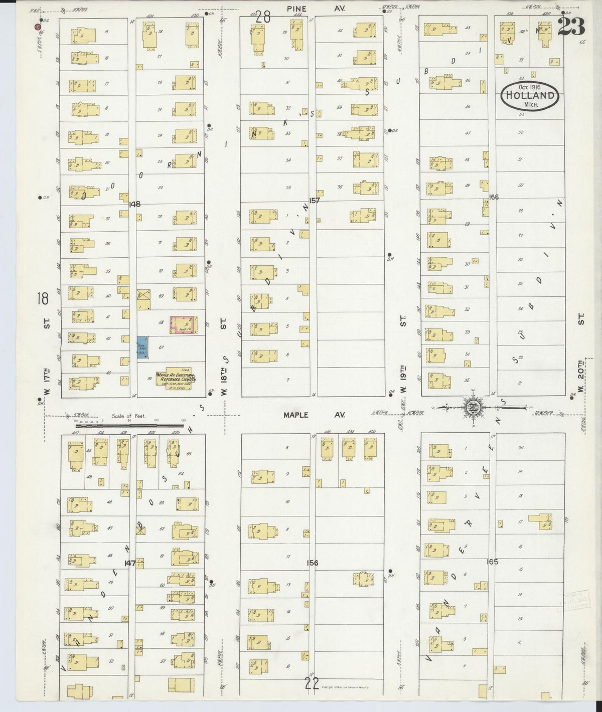 Sanborn Fire Insurance Map from Holland, Ottawa County, Michigan (1916), Sheet #0023 - Historic Sanborn Fire Insurance Map Print, vintage old map wall art, antique decor, genealogy gift, Michigan Michigan map