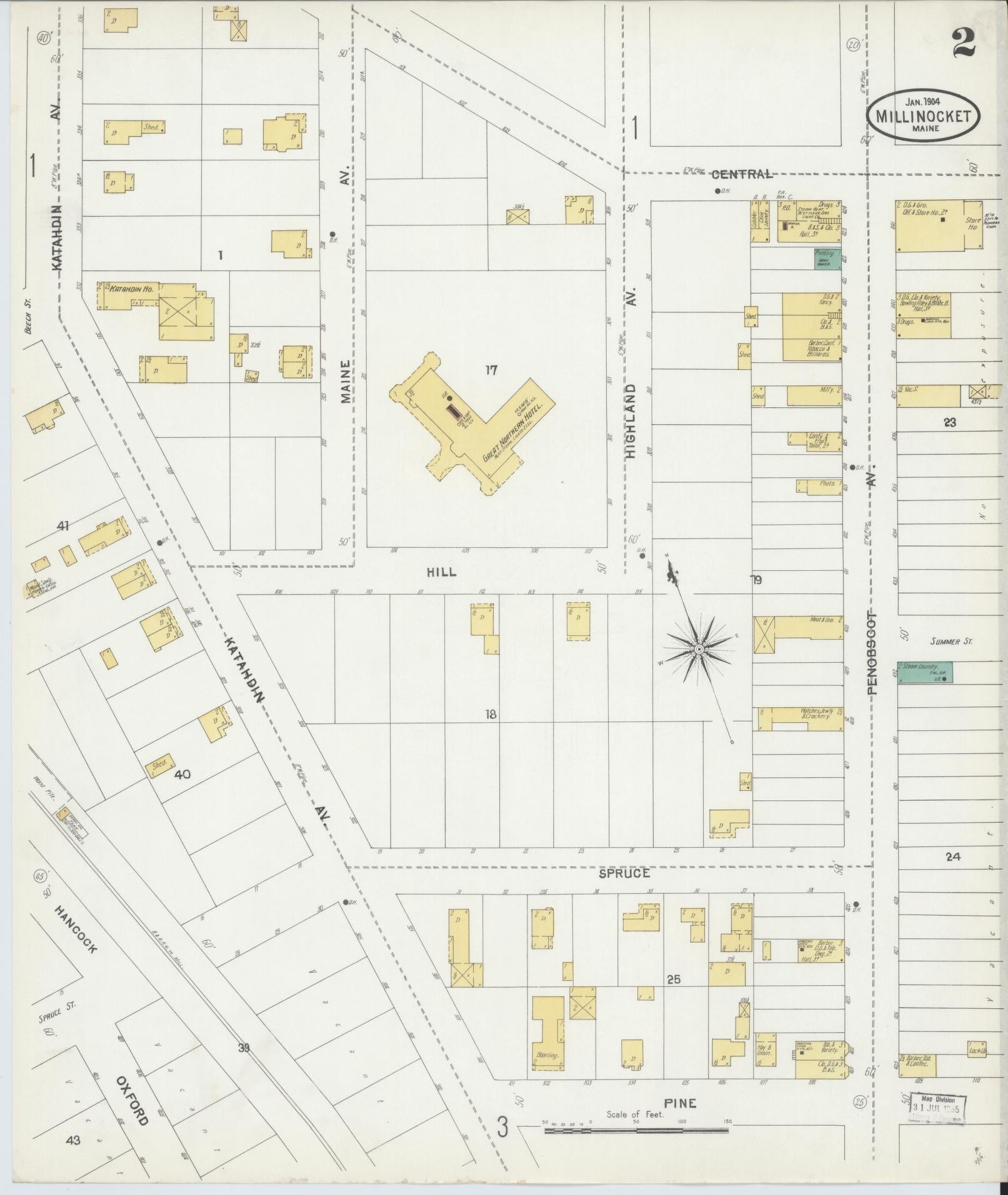 Sanborn Fire Insurance Map from Millinocket, Penobscot County, Maine (1904), Sheet #0002 - Complete Map Set gallery image, historic Sanborn map, vintage wall art, Maine Maine