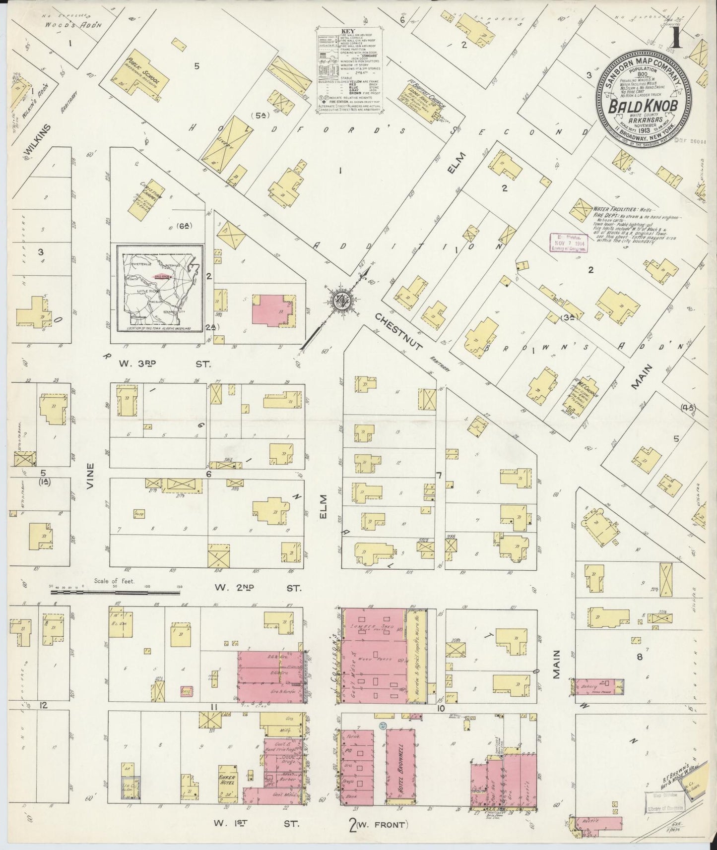 Sanborn Fire Insurance Map from Bald Knob, White County, Arkansas (1913), Sheet #0001 - Historic Sanborn Fire Insurance Map Print, vintage old map wall art, antique decor, genealogy gift, Arkansas Arkansas map
