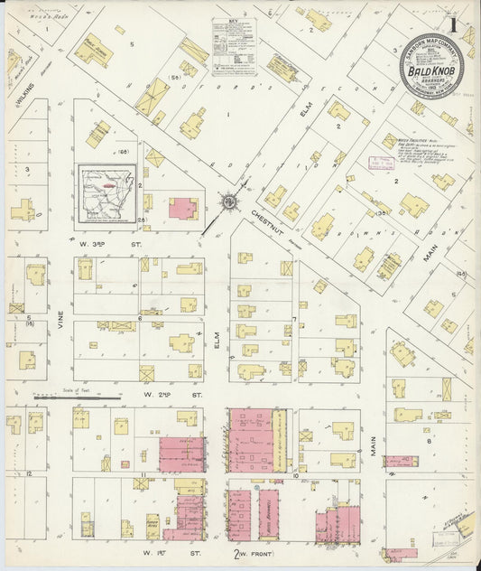 Sanborn Fire Insurance Map from Bald Knob, White County, Arkansas (1913), Sheet #0001 - Historic Sanborn Fire Insurance Map Print, vintage old map wall art, antique decor, genealogy gift, Arkansas Arkansas map