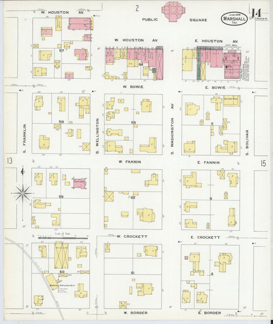 Sanborn Fire Insurance Map from Marshall, Harrison County, Texas (1909), Sheet #0014 - Historic Sanborn Fire Insurance Map Print, vintage old map wall art, antique decor, genealogy gift, Texas Texas map