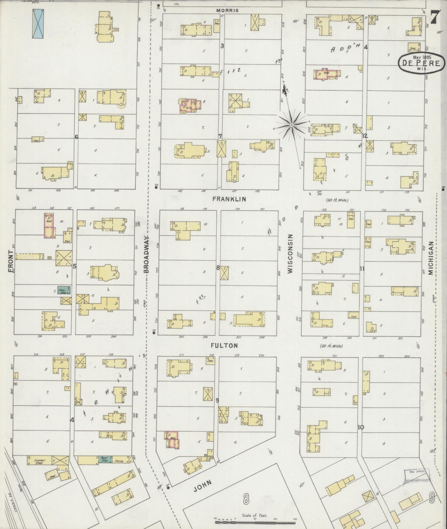 Sanborn Fire Insurance Map from De Pere, Brown County, Wisconsin (1895), Sheet #0007 - Complete Map Set gallery image, historic Sanborn map, vintage wall art, Wisconsin Wisconsin