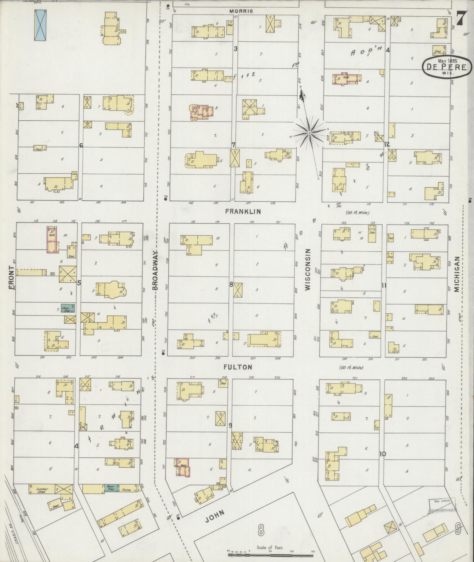 Sanborn Fire Insurance Map from De Pere, Brown County, Wisconsin (1895), Sheet #0007 - Complete Map Set gallery image, historic Sanborn map, vintage wall art, Wisconsin Wisconsin