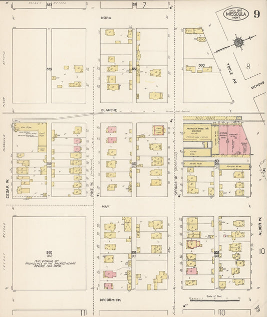 Sanborn Fire Insurance Map from Missoula, Missoula County, Montana (1912), Sheet #0009 - Historic Sanborn Fire Insurance Map Print, vintage old map wall art, antique decor, genealogy gift, Montana Montana map