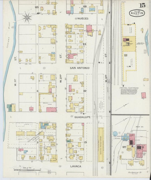 Sanborn Fire Insurance Map from Austin, Travis County, Texas (1894), Sheet #0015 - Historic Sanborn Fire Insurance Map Print, vintage old map wall art, antique decor, genealogy gift, Texas Texas map