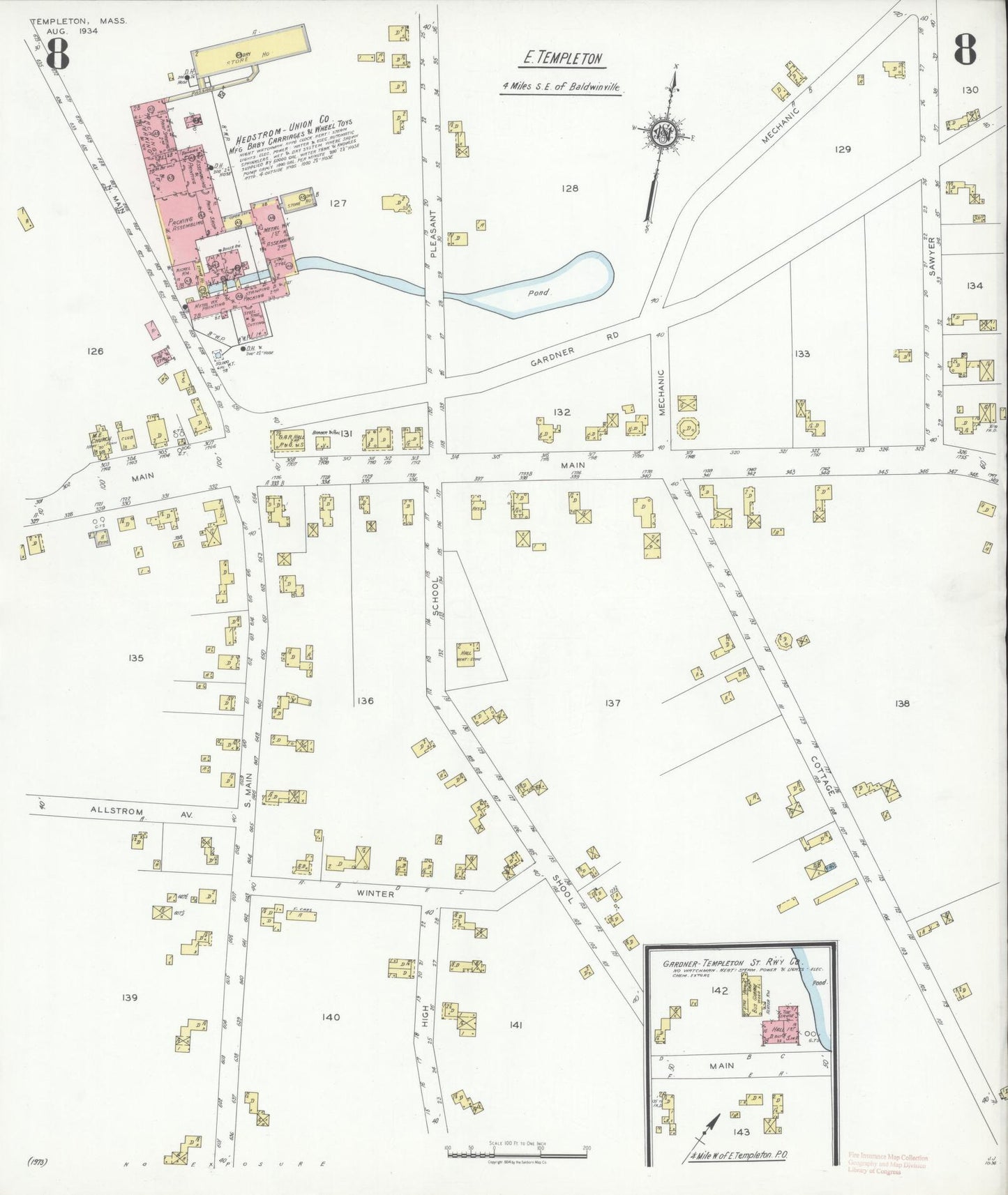 Sanborn Fire Insurance Map from Templeton, Worcester County, Massachusetts (1934), Sheet #0008 - Historic Sanborn Fire Insurance Map Print, vintage old map wall art, antique decor, genealogy gift, Massachusetts Massachusetts map