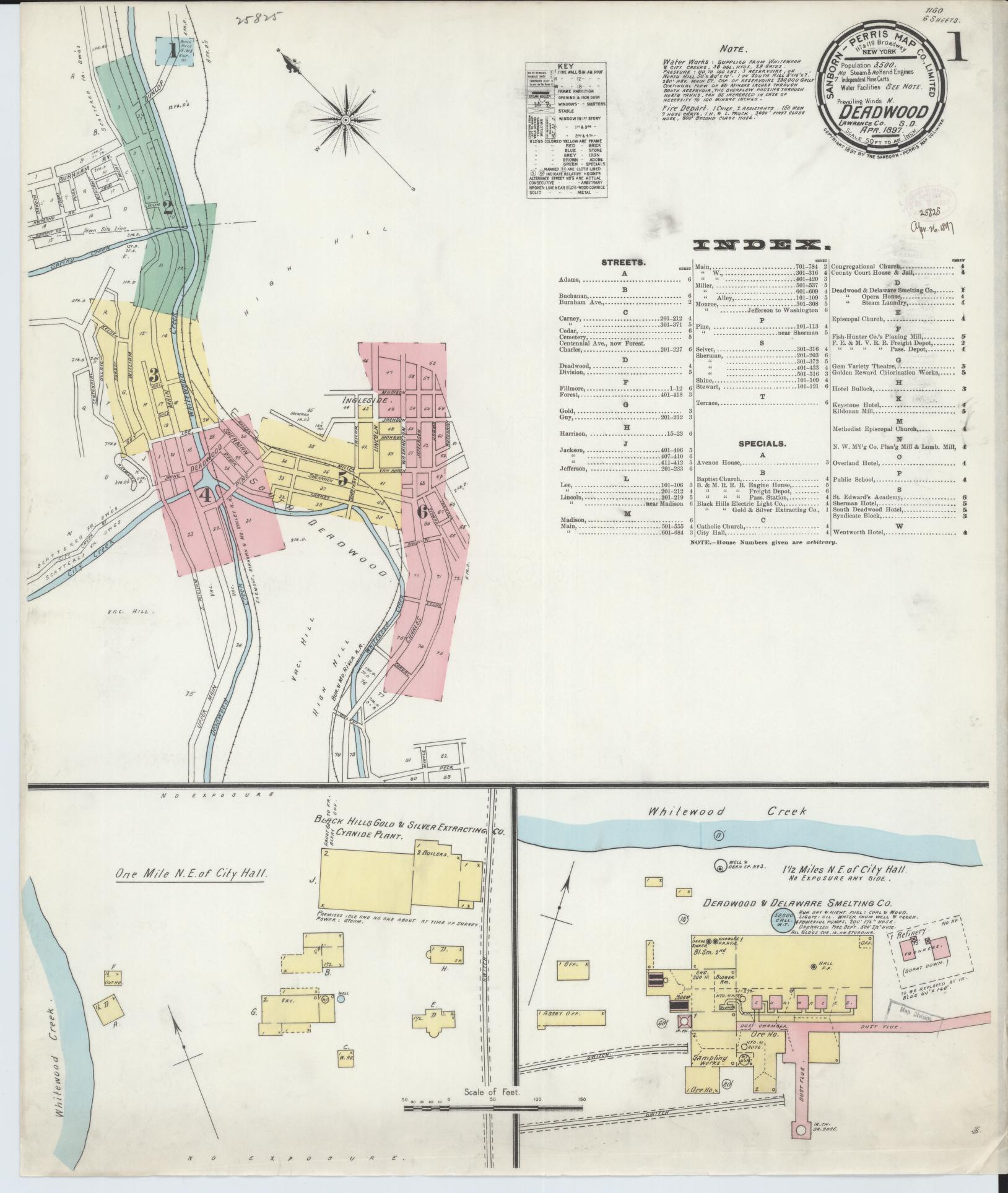 Sanborn Fire Insurance Map from Deadwood, Lawrence County, South Dakota (1897), Sheet #0001 - Historic Sanborn Fire Insurance Map Print, vintage old map wall art, antique decor, genealogy gift, South Dakota South Dakota map