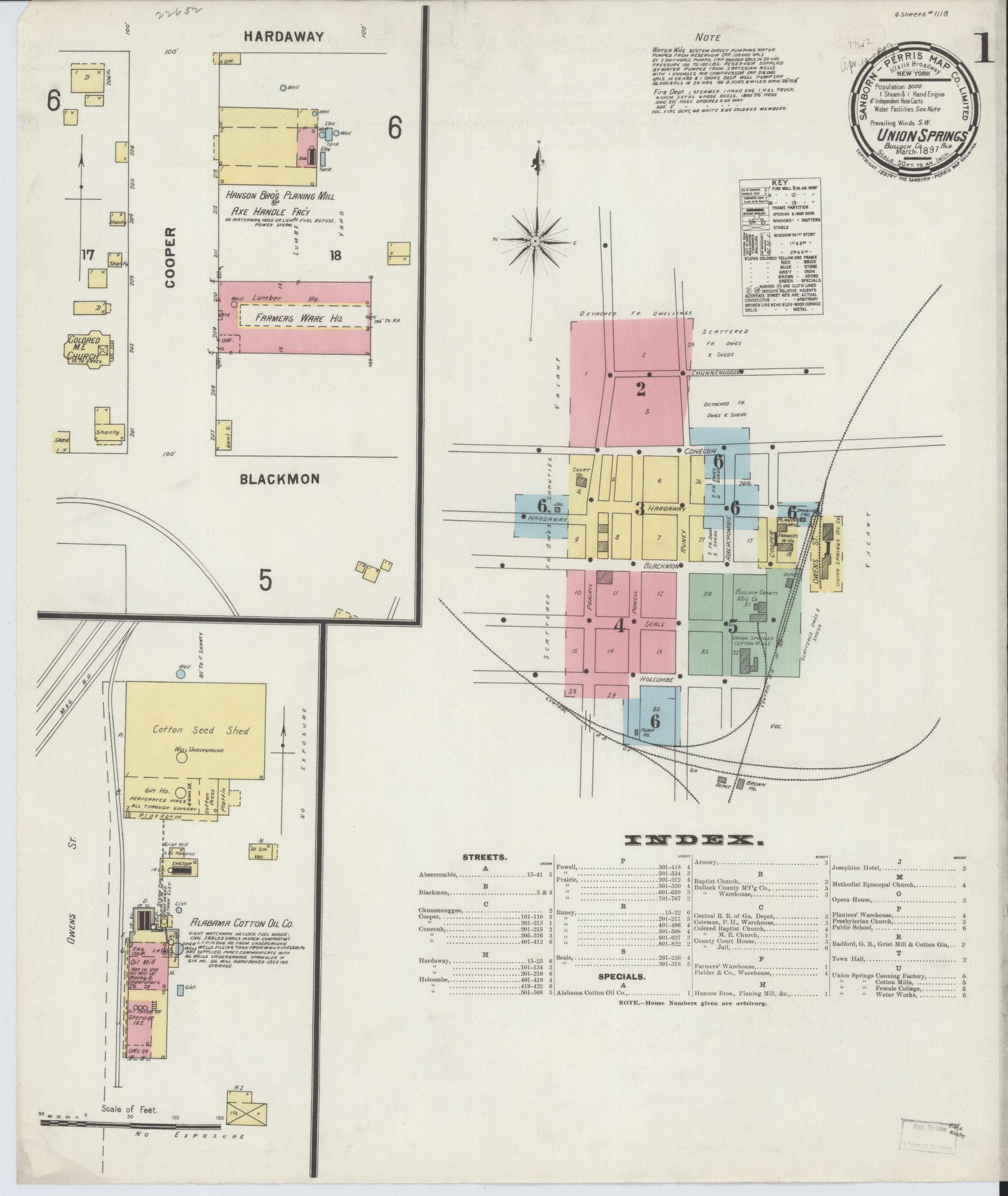 Sanborn Fire Insurance Map from Union Springs, Bullock County, Alabama (1897), Sheet #0001 - Historic Sanborn Fire Insurance Map Print, vintage old map wall art, antique decor, genealogy gift, Alabama Alabama map