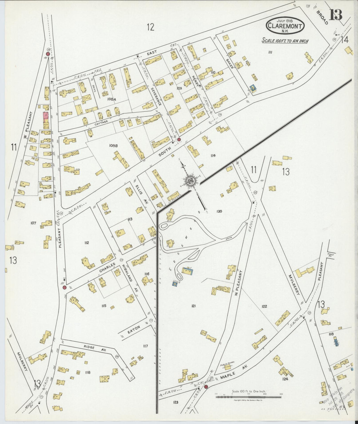 Sanborn Fire Insurance Map from Claremont, Sullivan County, New Hampshire (1918), Sheet #0013 - Historic Sanborn Fire Insurance Map Print, vintage old map wall art, antique decor, genealogy gift, New Hampshire New Hampshire map