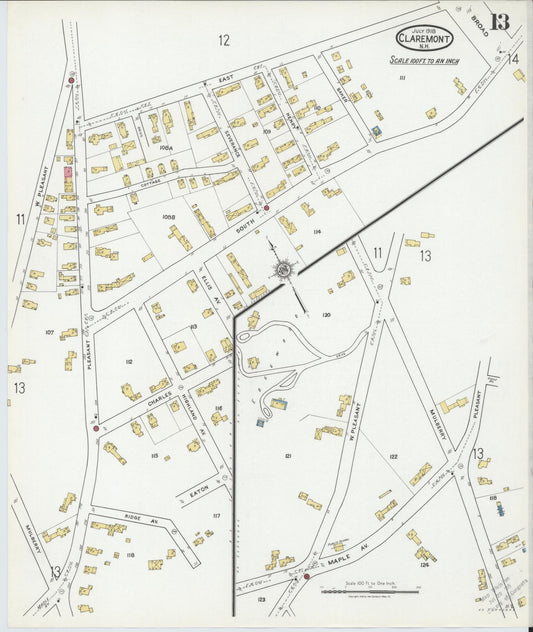 Sanborn Fire Insurance Map from Claremont, Sullivan County, New Hampshire (1918), Sheet #0013 - Historic Sanborn Fire Insurance Map Print, vintage old map wall art, antique decor, genealogy gift, New Hampshire New Hampshire map