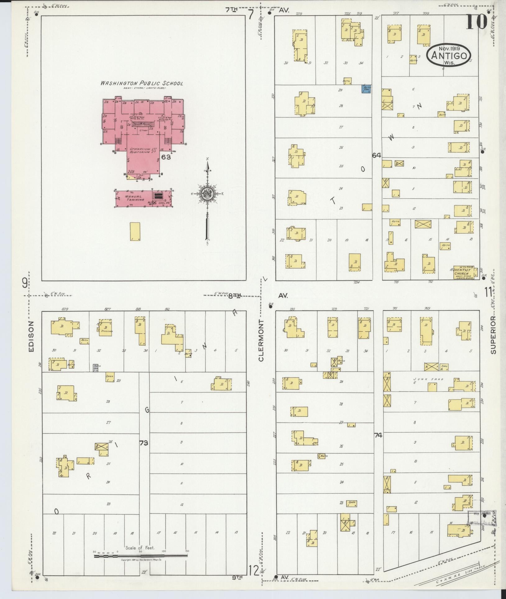 Sanborn Fire Insurance Map from Antigo, Langlade County, Wisconsin (1919), Sheet #0010 - Historic Sanborn Fire Insurance Map Print, vintage old map wall art, antique decor, genealogy gift, Wisconsin Wisconsin map