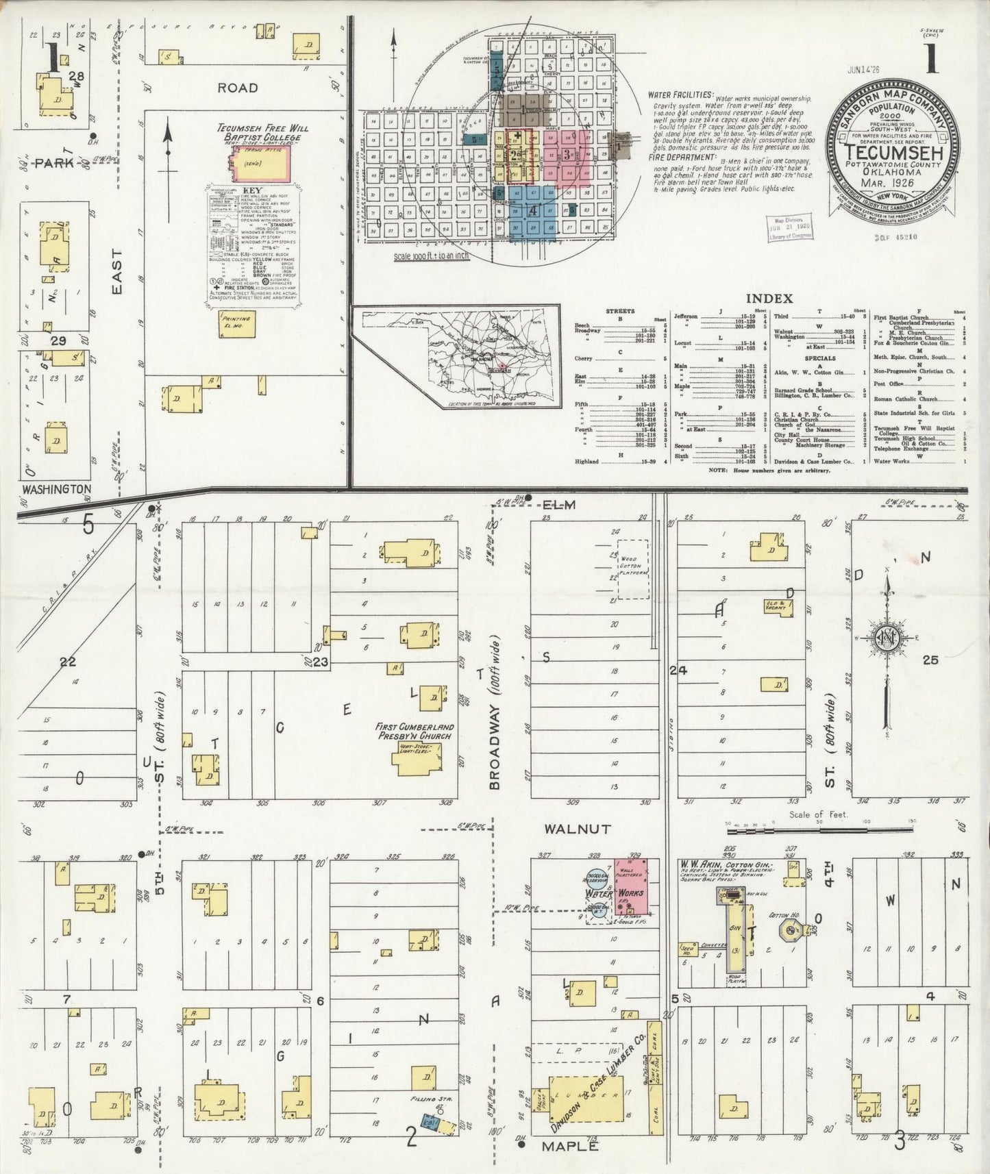 Sanborn Fire Insurance Map from Tecumseh, Pottawatomie County, Oklahoma (1926), Sheet #0001 - Historic Sanborn Fire Insurance Map Print, vintage old map wall art, antique decor, genealogy gift, Oklahoma Oklahoma map