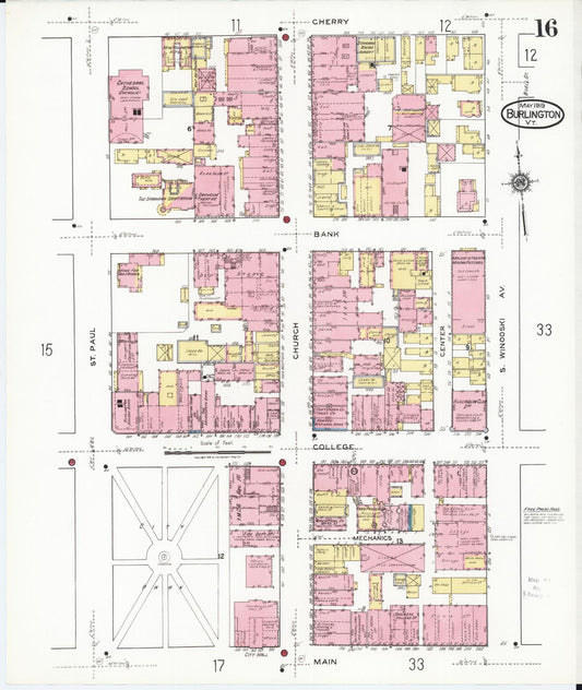 Sanborn Fire Insurance Map from Burlington, Chittenden County, Vermont (1919), Sheet #0016 - Historic Sanborn Fire Insurance Map Print, vintage old map wall art, antique decor, genealogy gift, Vermont Vermont map