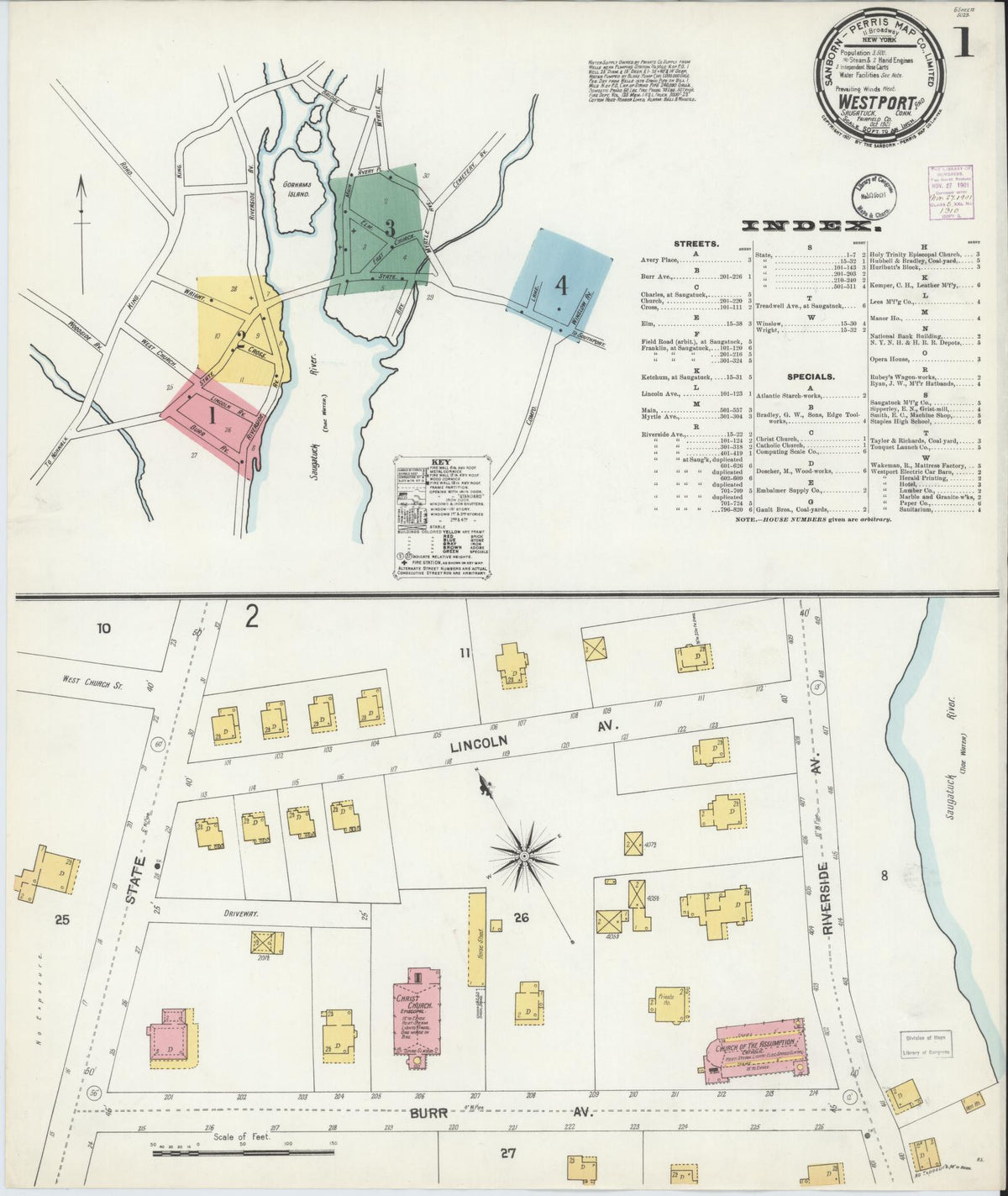 Sanborn Fire Insurance Map from Westport, Fairfield County, Connecticut (1901), Sheet #0001 - Historic Sanborn Fire Insurance Map Print, vintage old map wall art, antique decor, genealogy gift, Connecticut Connecticut map