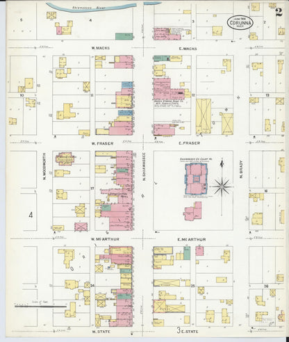 Sanborn Fire Insurance Map from Corunna, Shiawassee County, Michigan (1908), Sheet #0002 - Complete Map Set gallery image, historic Sanborn map, vintage wall art, Michigan Michigan