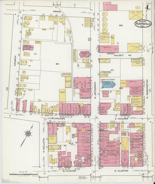 Sanborn Fire Insurance Map from Huntsville, Madison County, Alabama (1921), Sheet #0004 - Historic Sanborn Fire Insurance Map Print, vintage old map wall art, antique decor, genealogy gift, Alabama Alabama map