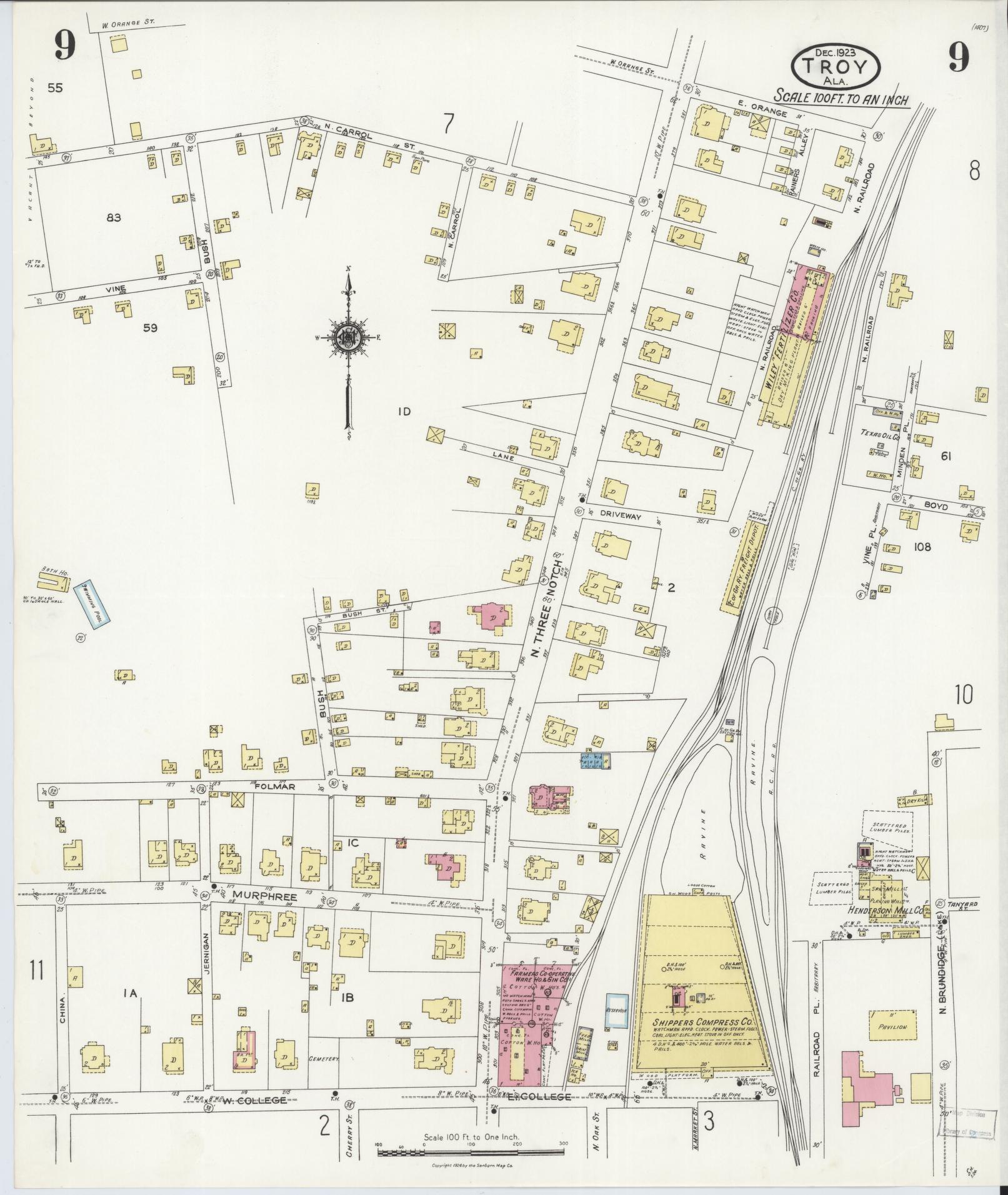 Sanborn Fire Insurance Map from Troy, Pike County, Alabama (1923), Sheet #0009 - Complete Map Set gallery image, historic Sanborn map, vintage wall art, Alabama Alabama